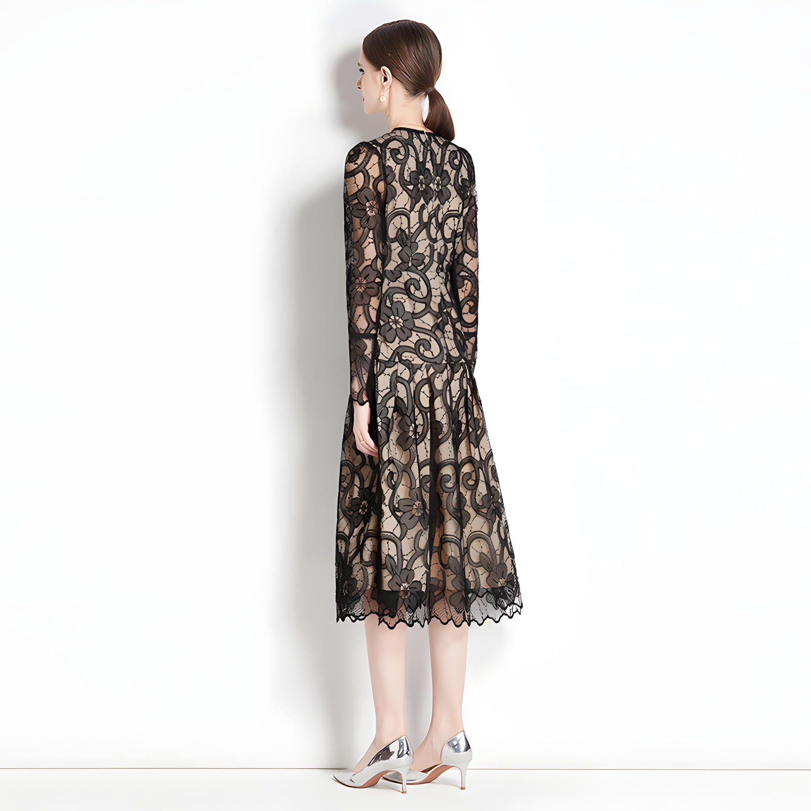 French Lace Front Bow Crew Neck Black And Nude Dress - 737166050267_BAS