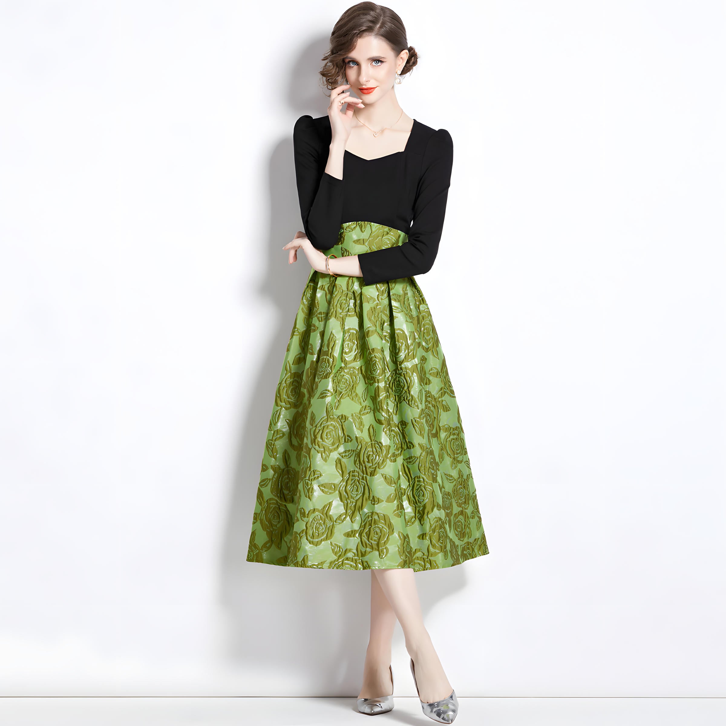 Jacquard Skirt Black Fitted Vest Piece Dress - 744693753821_BAS