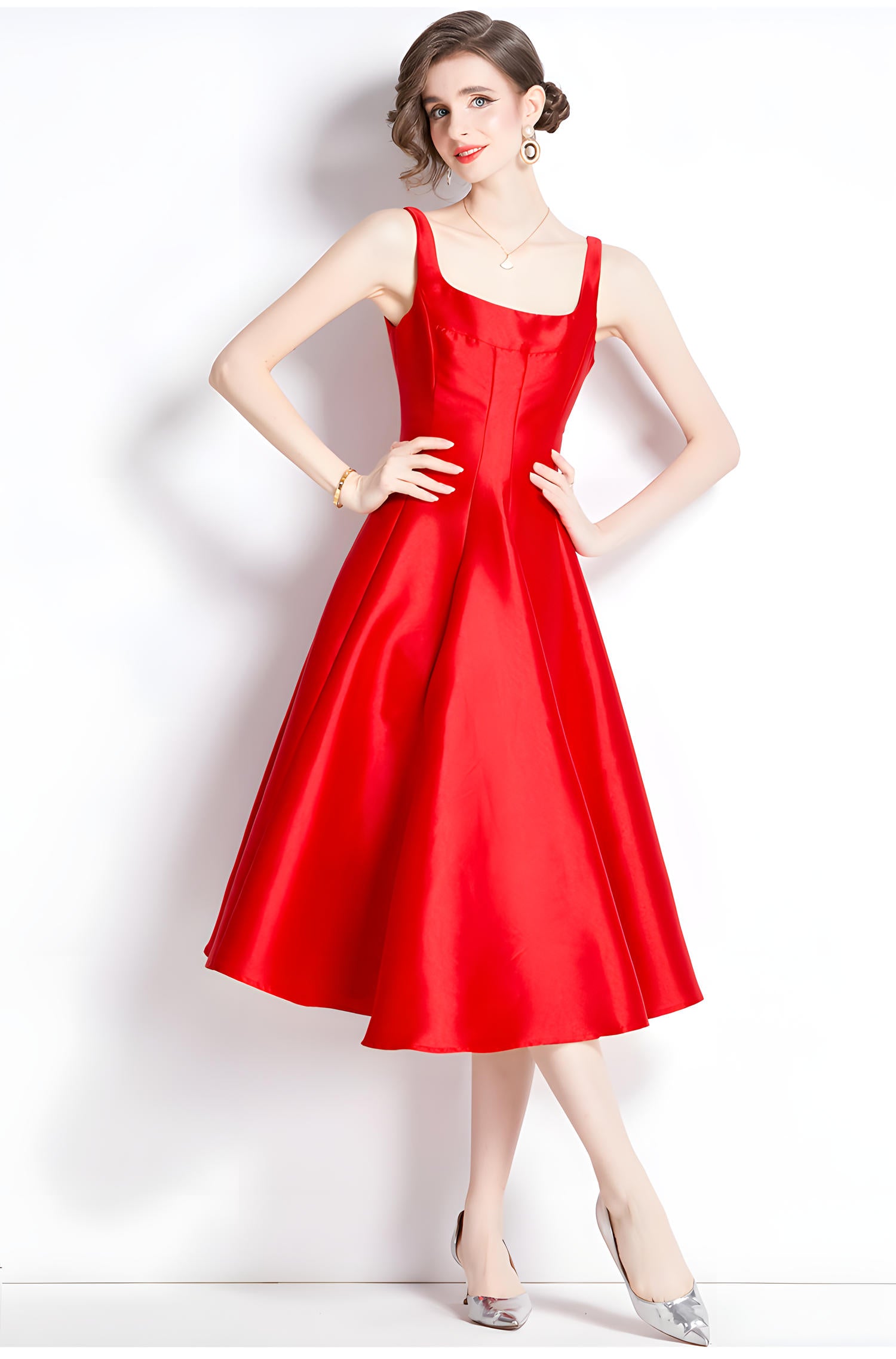 Red Fitted Vest and Pleated Fluffy Skirt Suspender Satin Dress - 750321354647_BAS