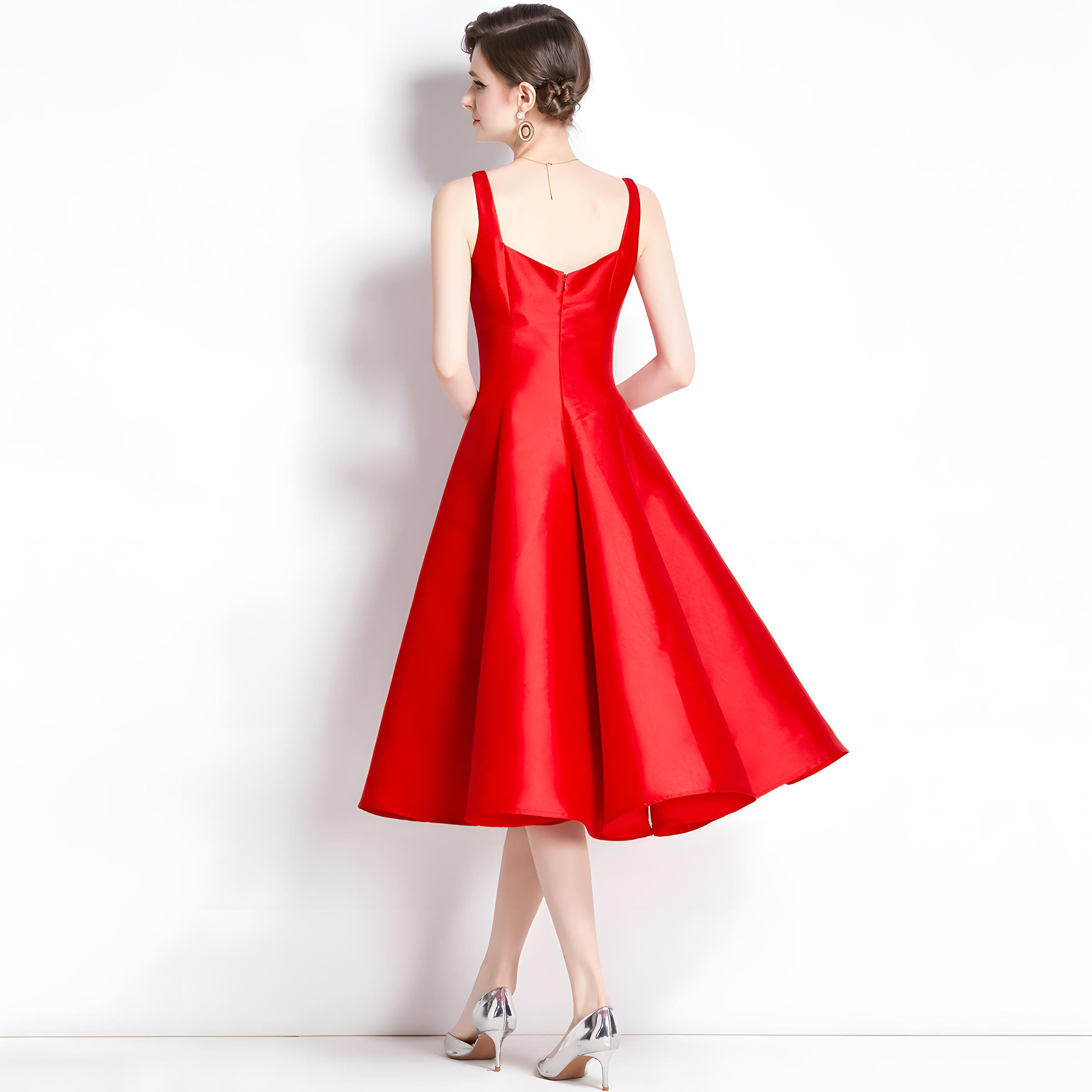 Red Fitted Vest and Pleated Fluffy Skirt Suspender Satin Dress - 750321354647_BAS
