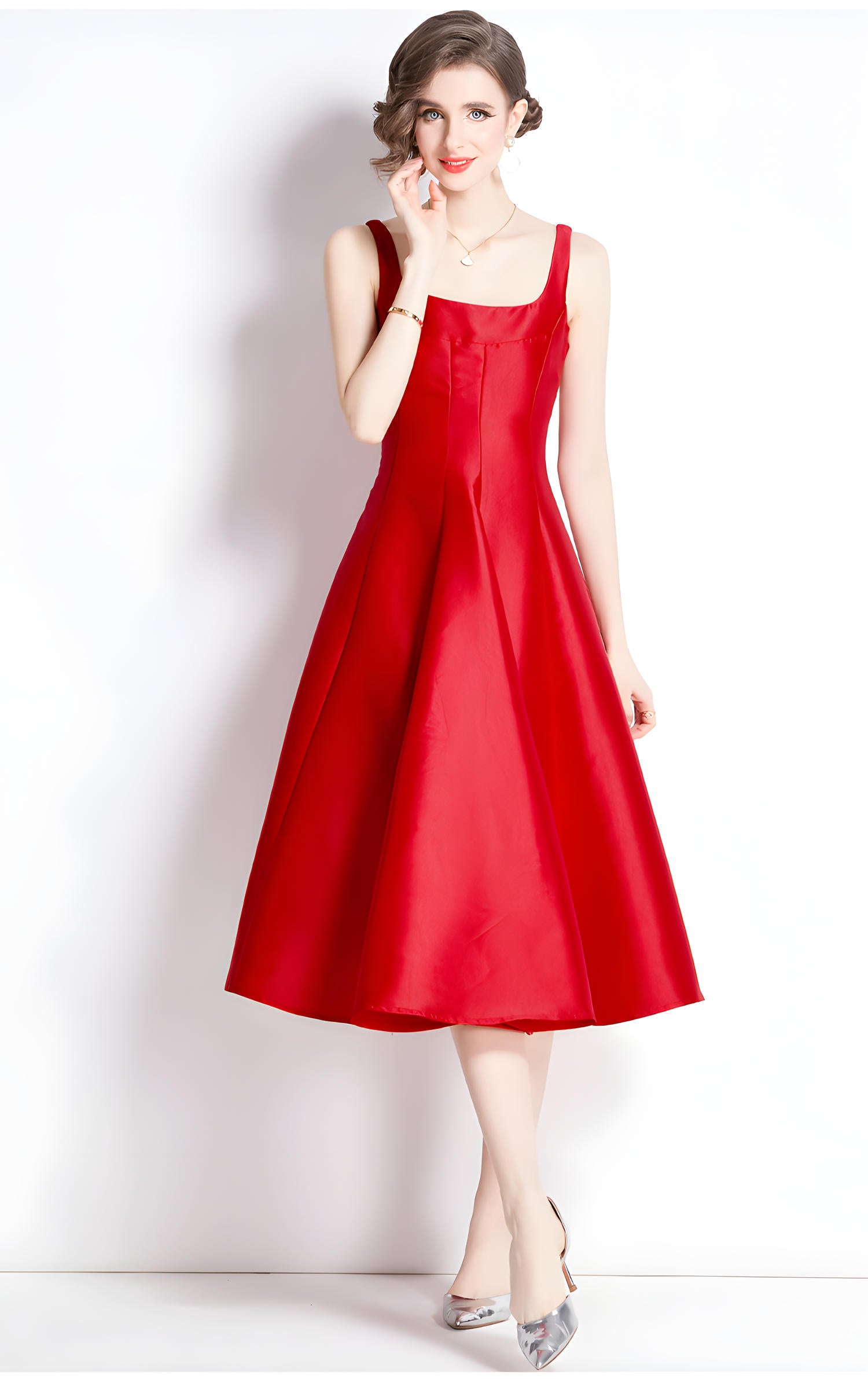 Red Fitted Vest and Pleated Fluffy Skirt Suspender Satin Dress - 750321354647_BAS