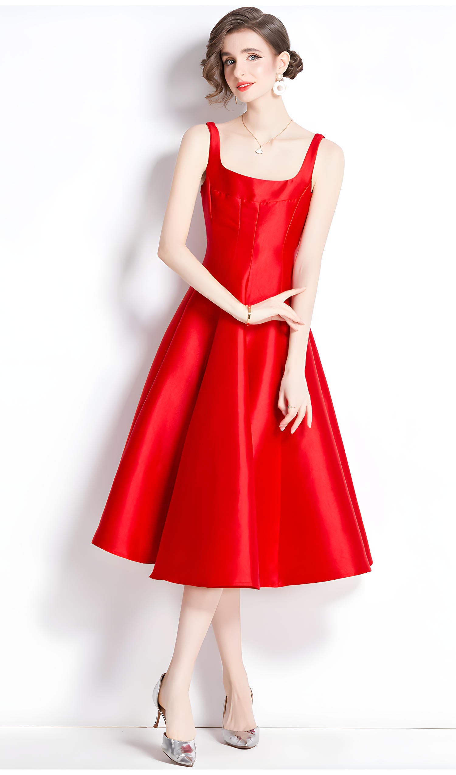 Red Fitted Vest and Pleated Fluffy Skirt Suspender Satin Dress - 750321354647_BAS