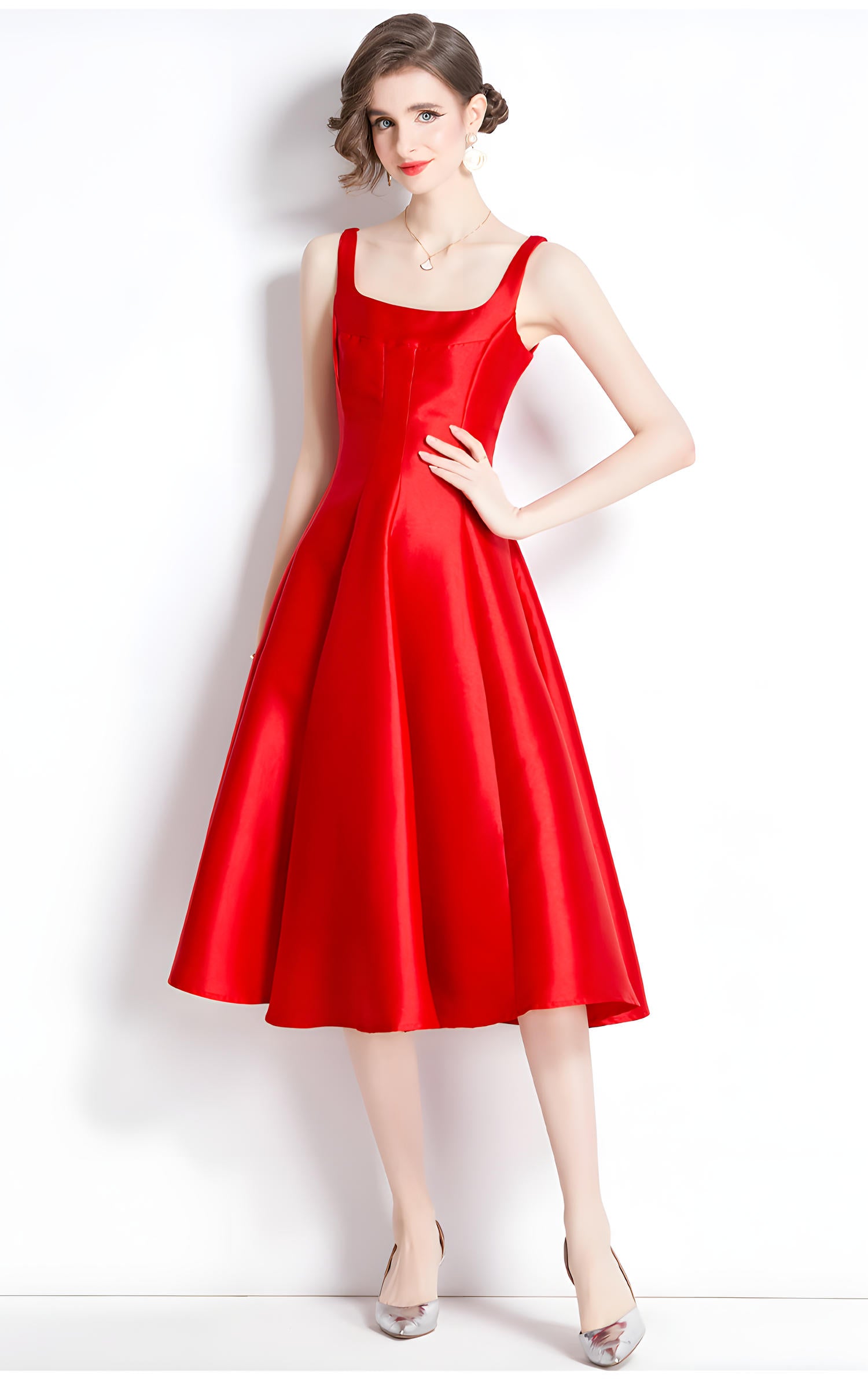 Red Fitted Vest and Pleated Fluffy Skirt Suspender Satin Dress - 750321354647_BAS