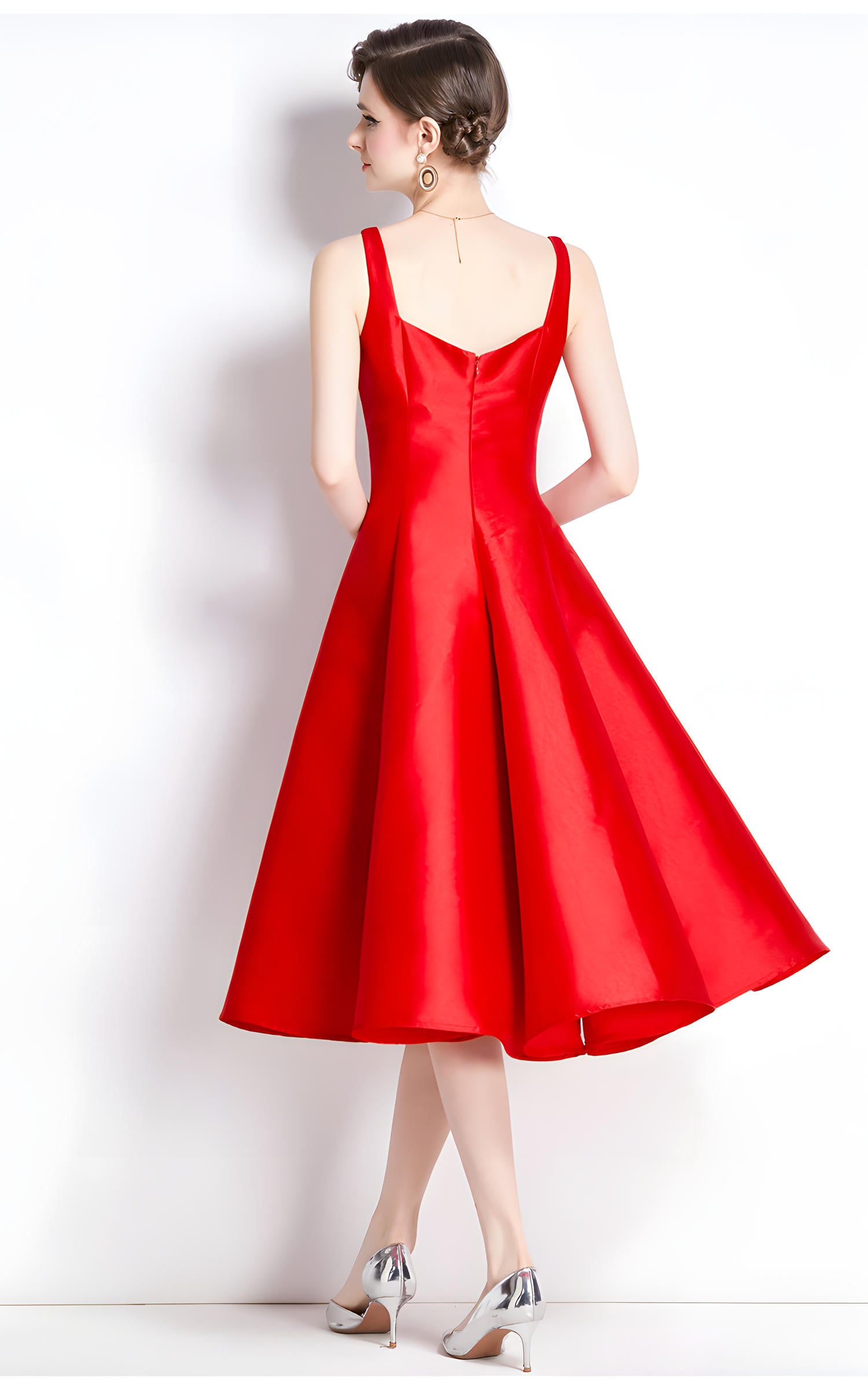 Red Fitted Vest and Pleated Fluffy Skirt Suspender Satin Dress - 750321354647_BAS