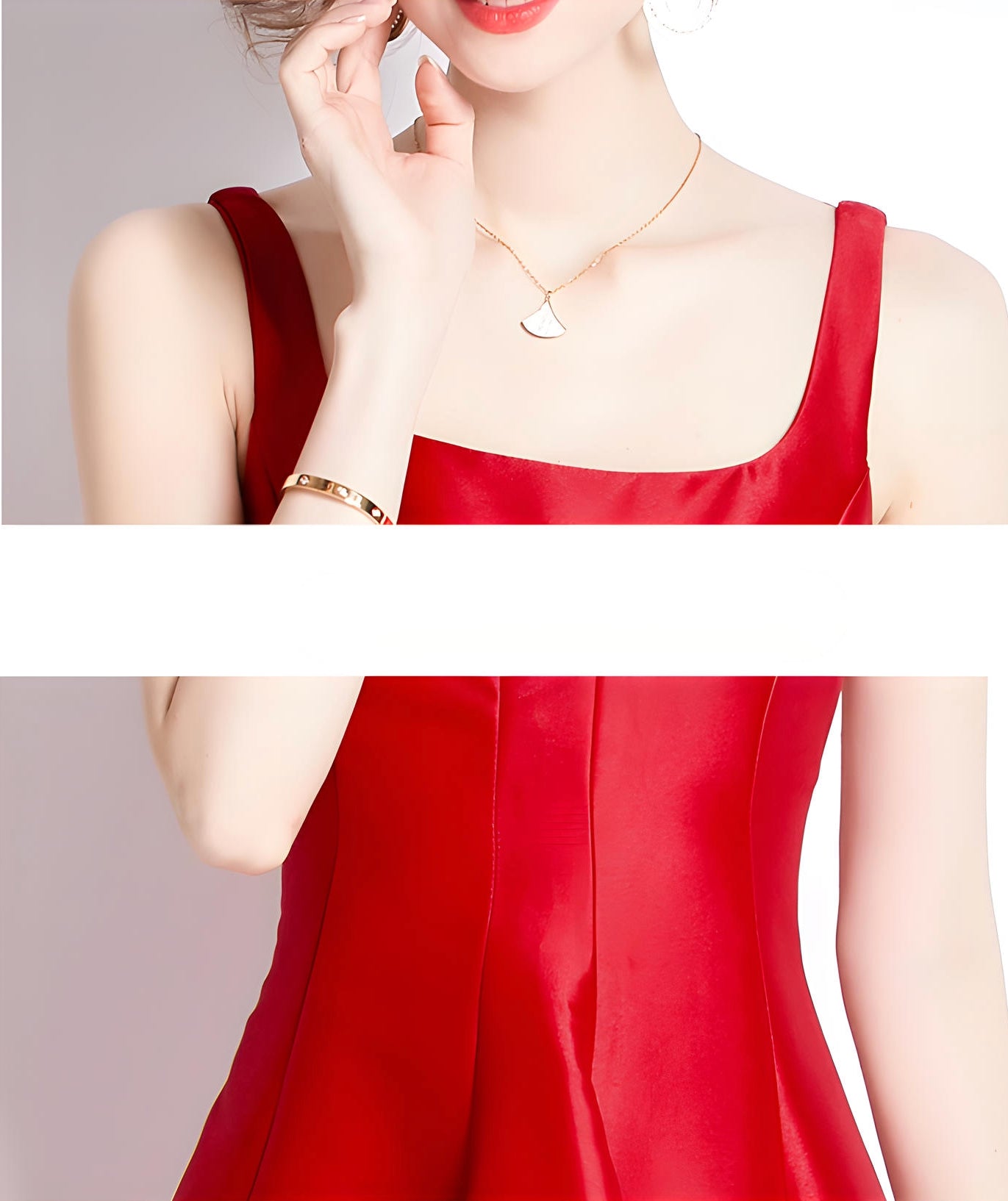 Red Fitted Vest and Pleated Fluffy Skirt Suspender Satin Dress - 750321354647_BAS