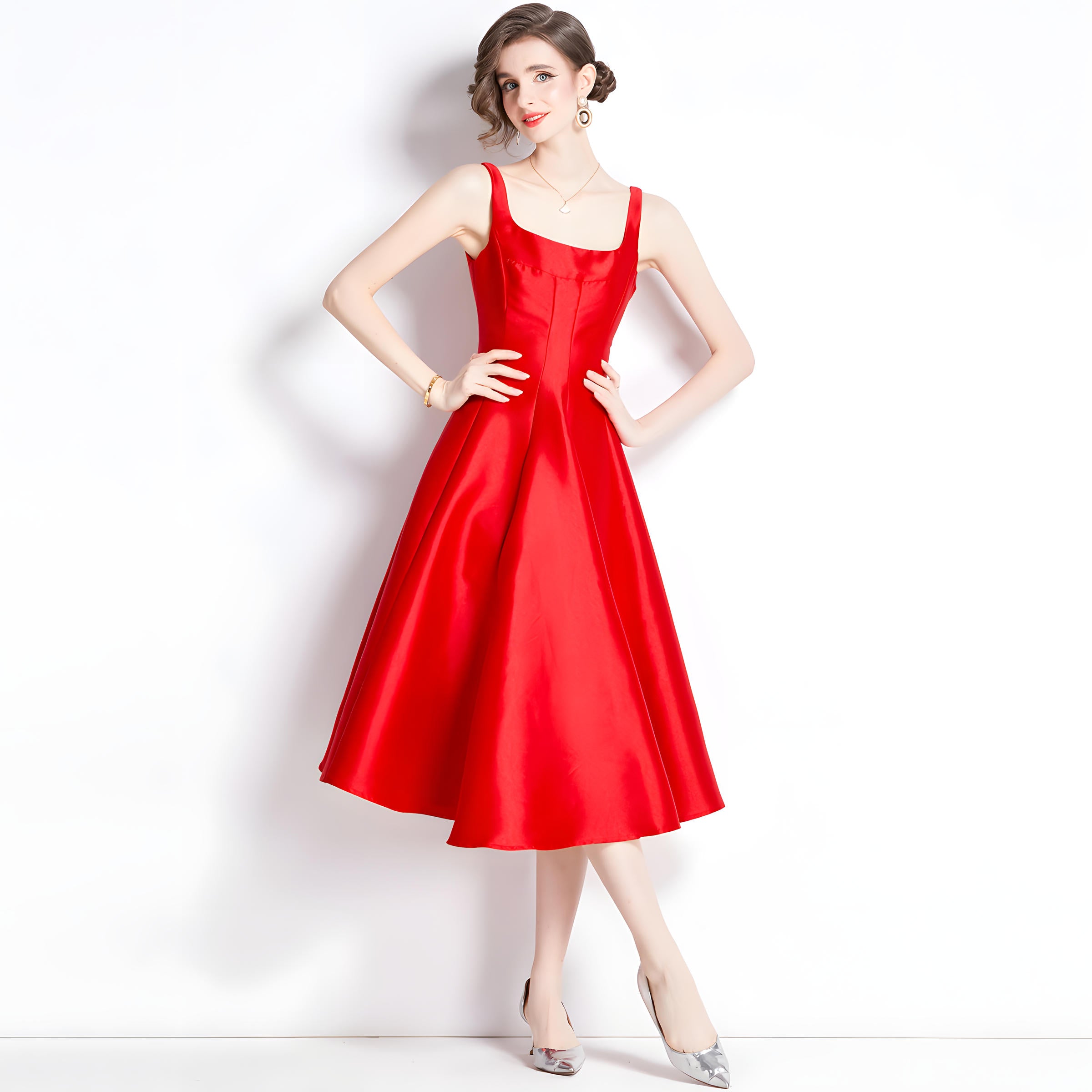 Red Fitted Vest and Pleated Fluffy Skirt Suspender Satin Dress - 750321354647_BAS