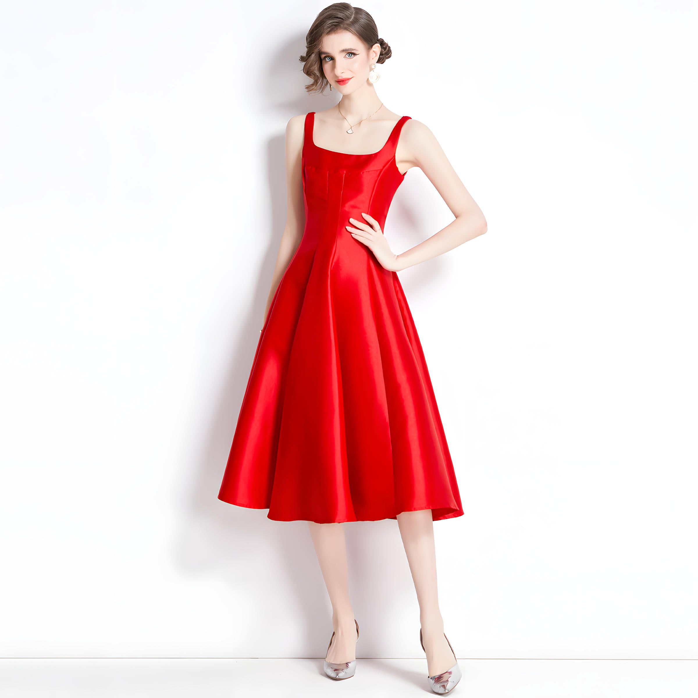 Red Fitted Vest and Pleated Fluffy Skirt Suspender Satin Dress - 750321354647_BAS