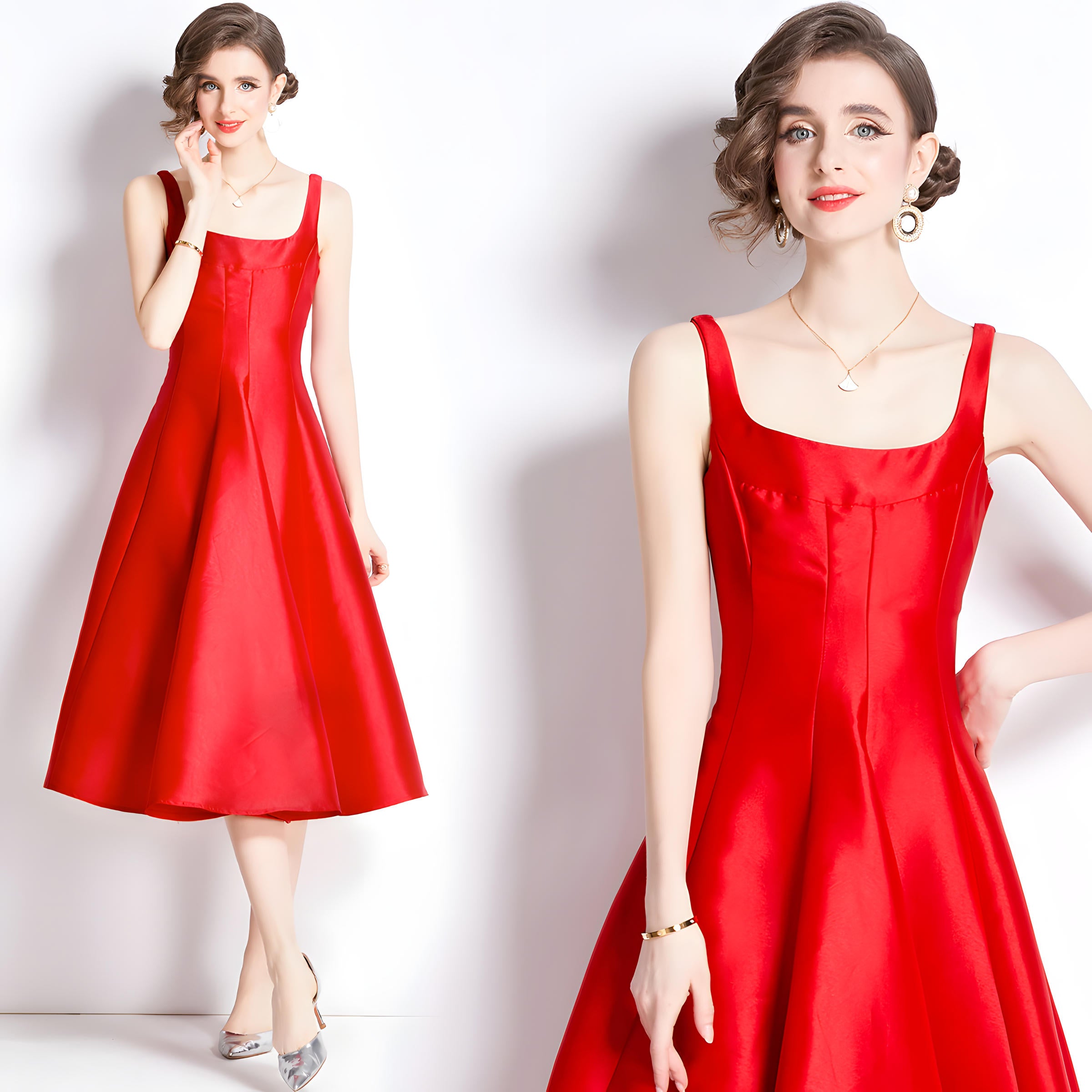 Red Fitted Vest and Pleated Fluffy Skirt Suspender Satin Dress - 750321354647_BAS