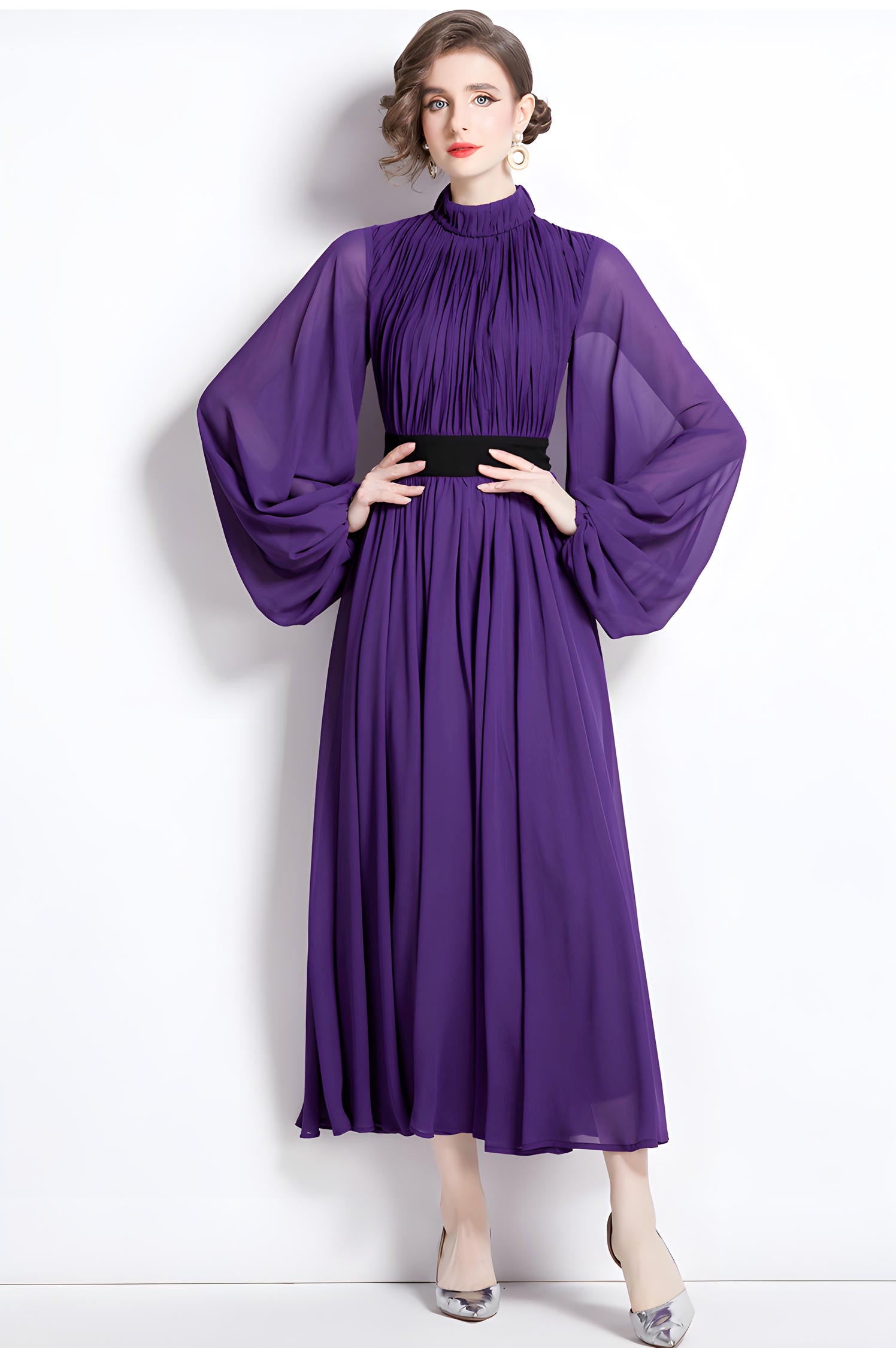 High Neckline Voluminous Peasant Sleeves Purple Chiffon Long Dress With Flowing Skirt - 752171614172_BAS (EOSS)