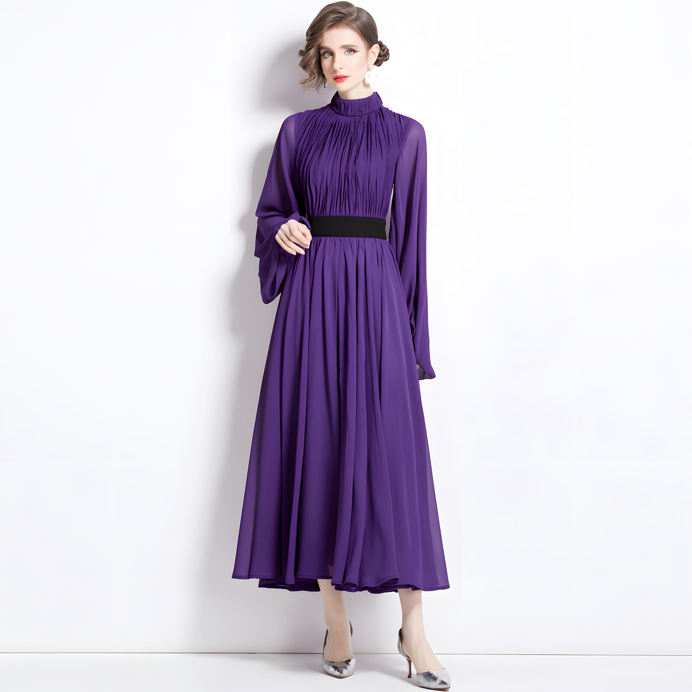 High Neckline Voluminous Peasant Sleeves Purple Chiffon Long Dress With Flowing Skirt - 752171614172_BAS (EOSS)