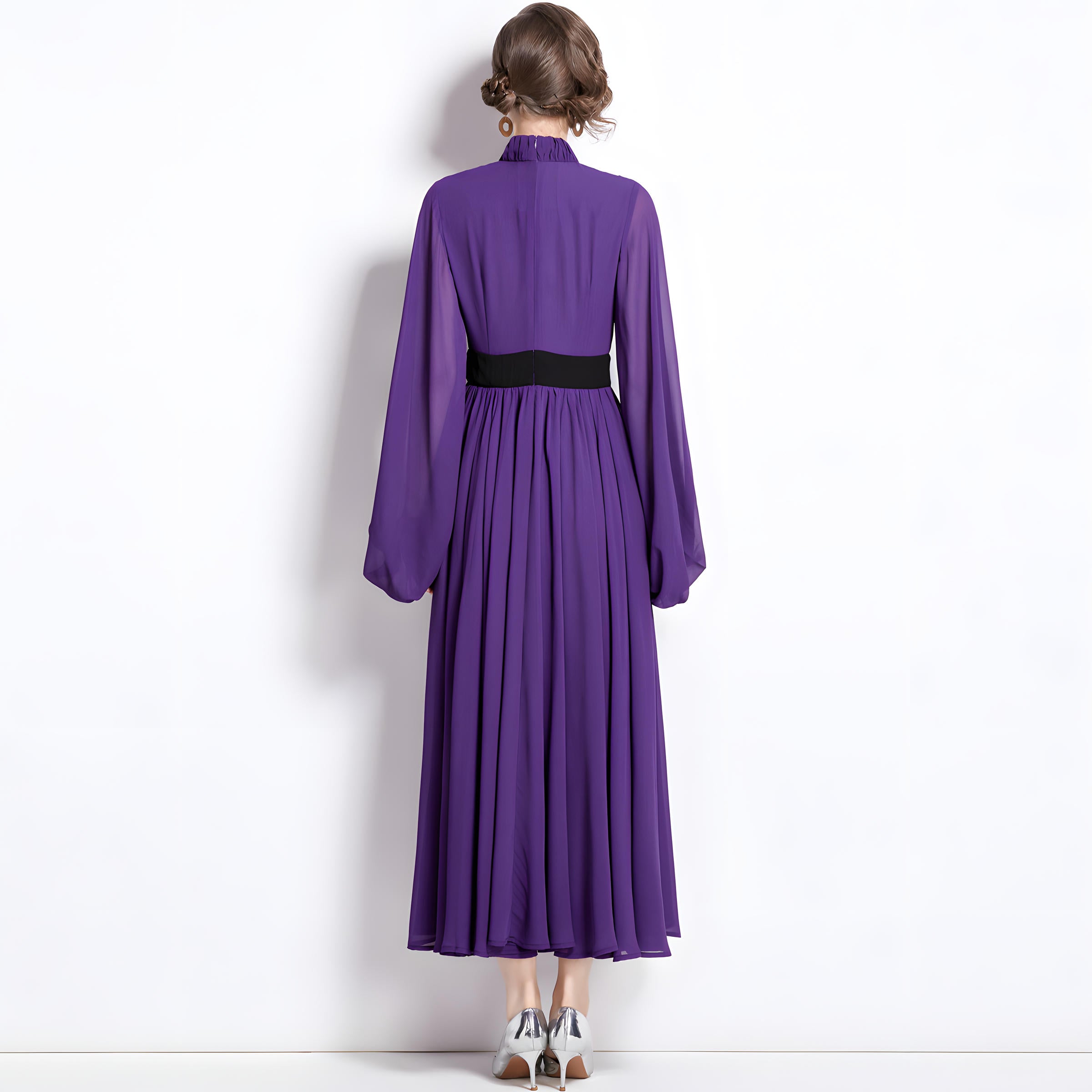High Neckline Voluminous Peasant Sleeves Purple Chiffon Long Dress With Flowing Skirt - 752171614172_BAS (EOSS)