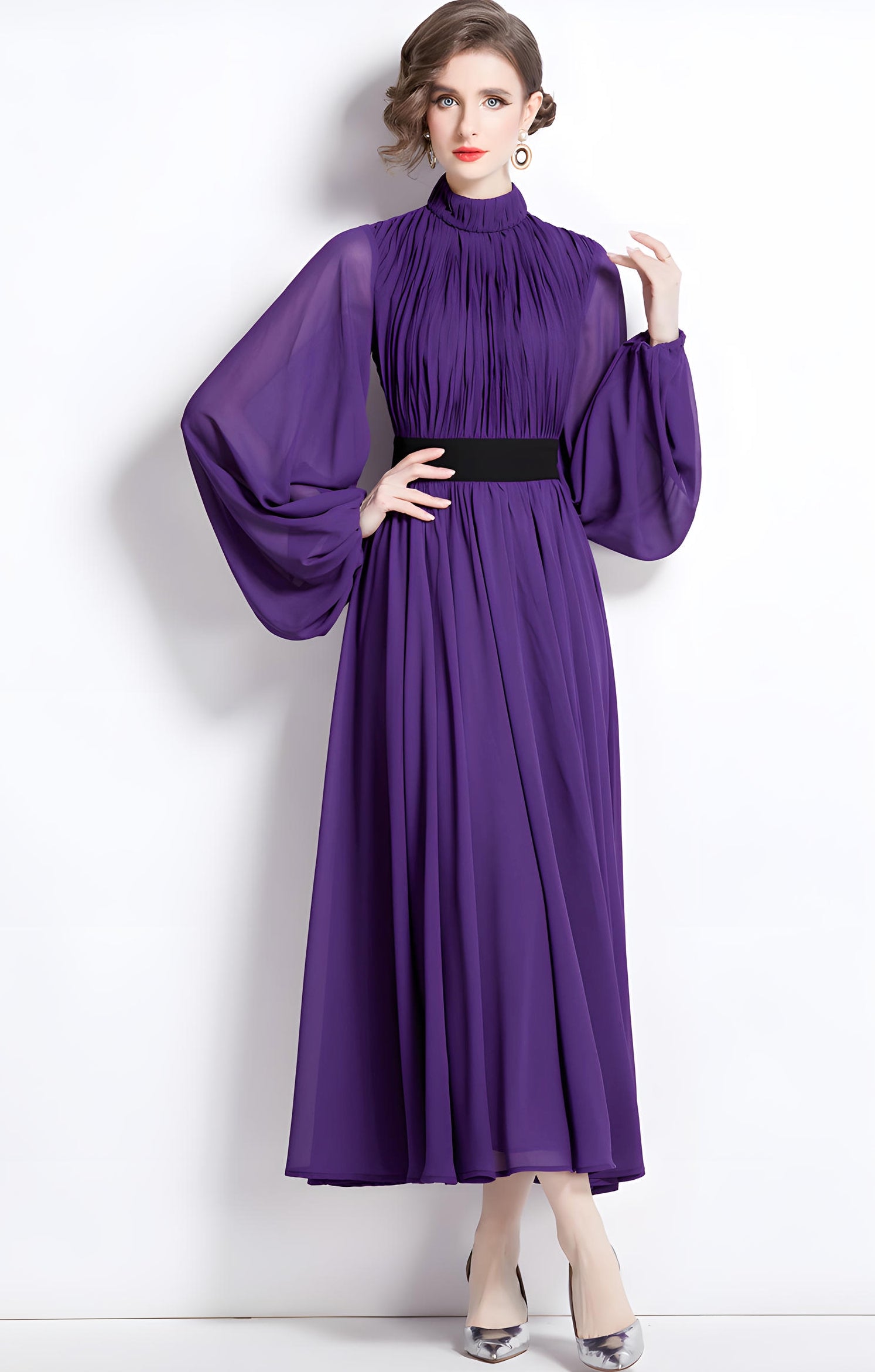 High Neckline Voluminous Peasant Sleeves Purple Chiffon Long Dress With Flowing Skirt - 752171614172_BAS (EOSS)
