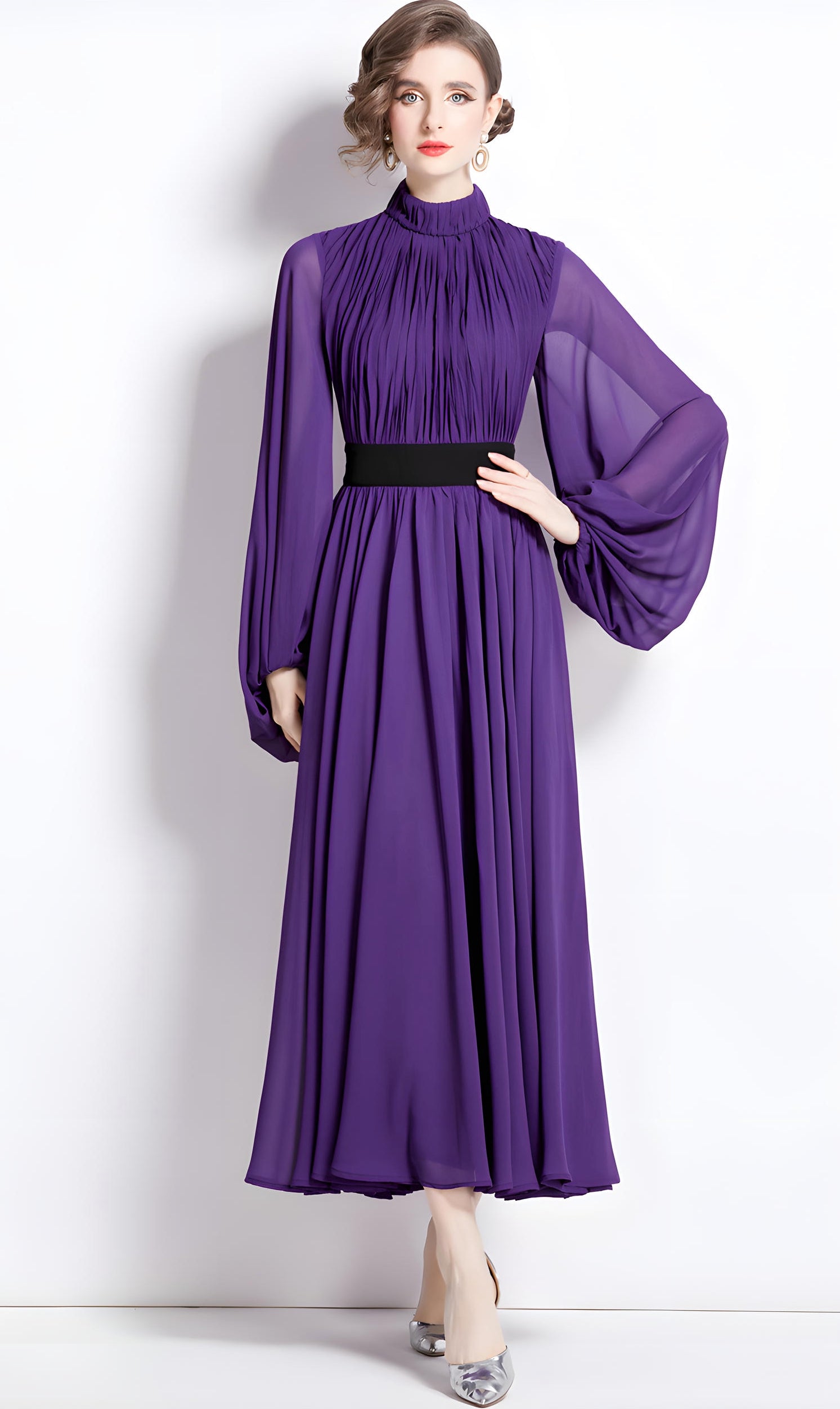 High Neckline Voluminous Peasant Sleeves Purple Chiffon Long Dress With Flowing Skirt - 752171614172_BAS (EOSS)