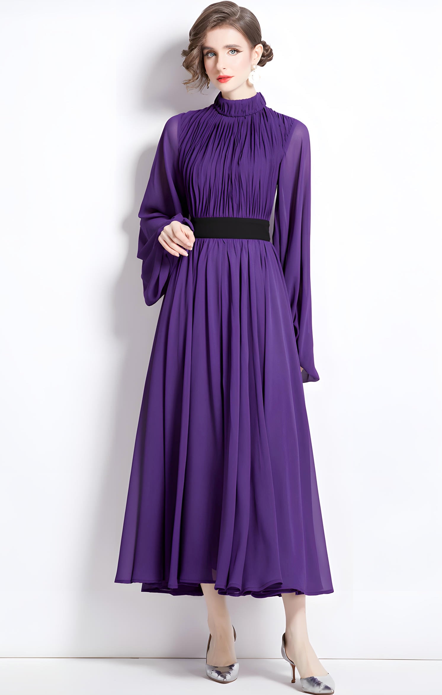 High Neckline Voluminous Peasant Sleeves Purple Chiffon Long Dress With Flowing Skirt - 752171614172_BAS (EOSS)