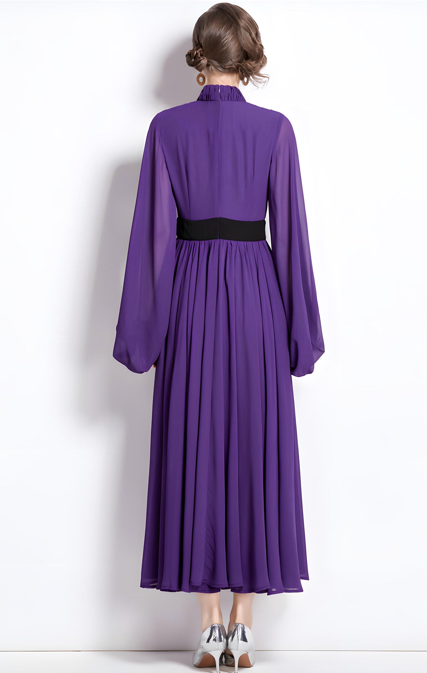 High Neckline Voluminous Peasant Sleeves Purple Chiffon Long Dress With Flowing Skirt - 752171614172_BAS (EOSS)