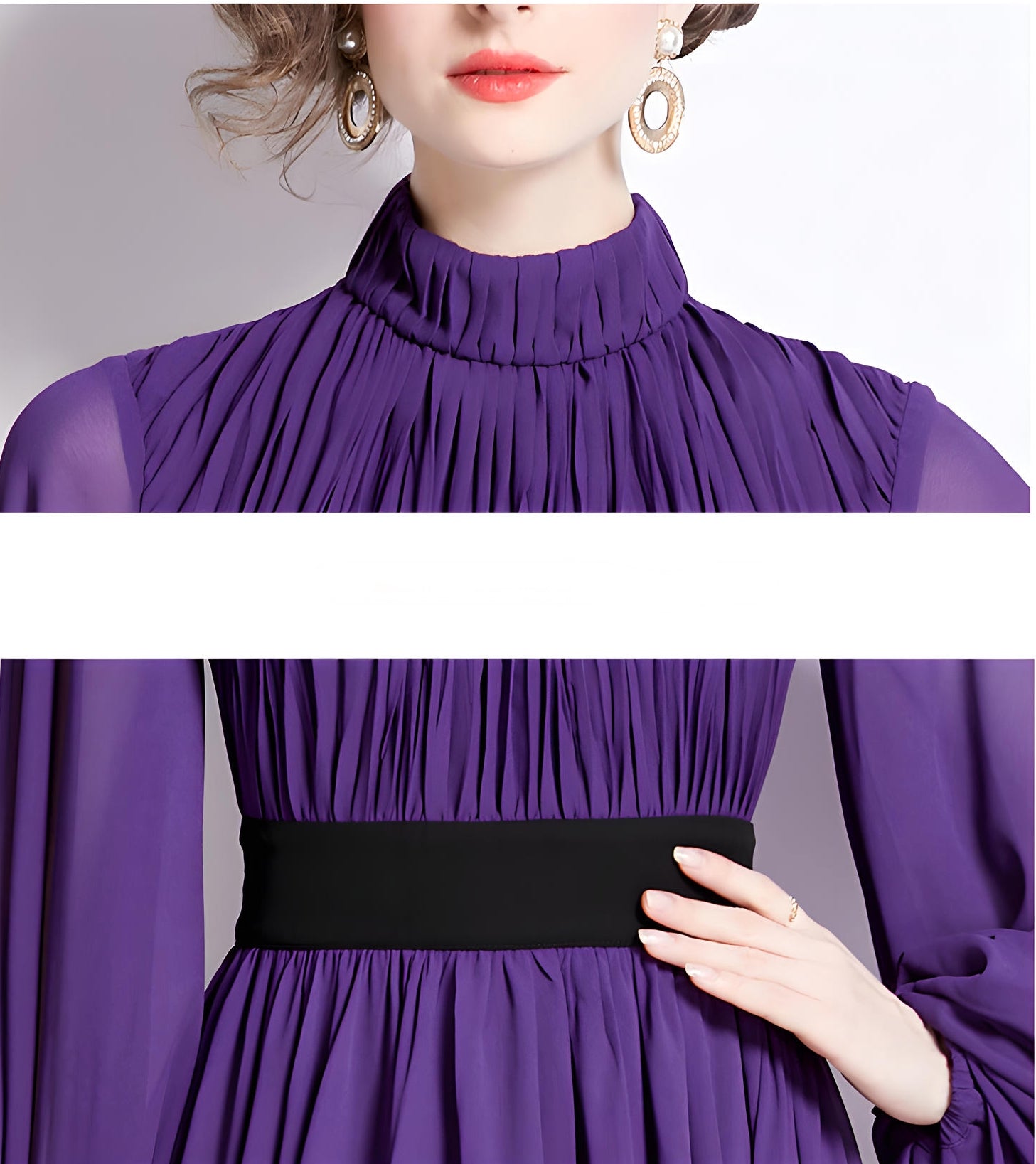 High Neckline Voluminous Peasant Sleeves Purple Chiffon Long Dress With Flowing Skirt - 752171614172_BAS (EOSS)