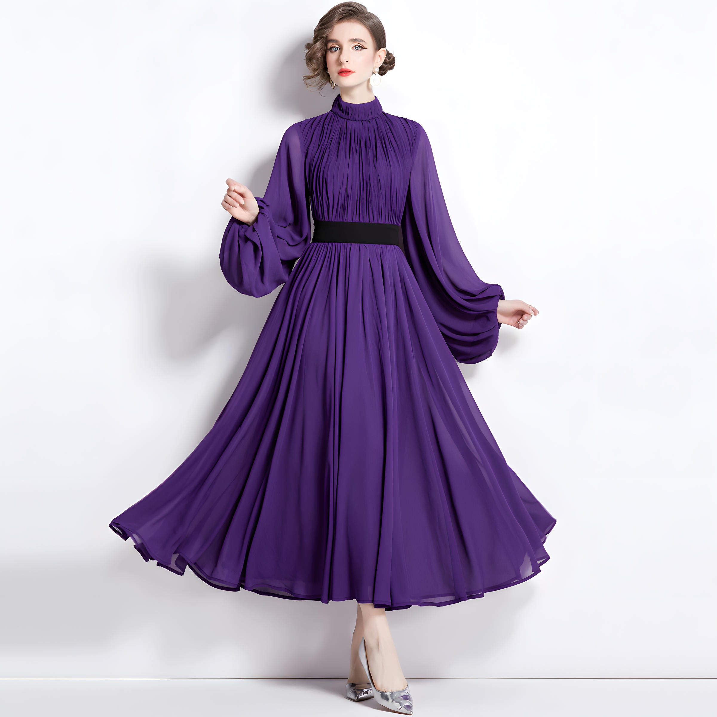High Neckline Voluminous Peasant Sleeves Purple Chiffon Long Dress With Flowing Skirt - 752171614172_BAS (EOSS)