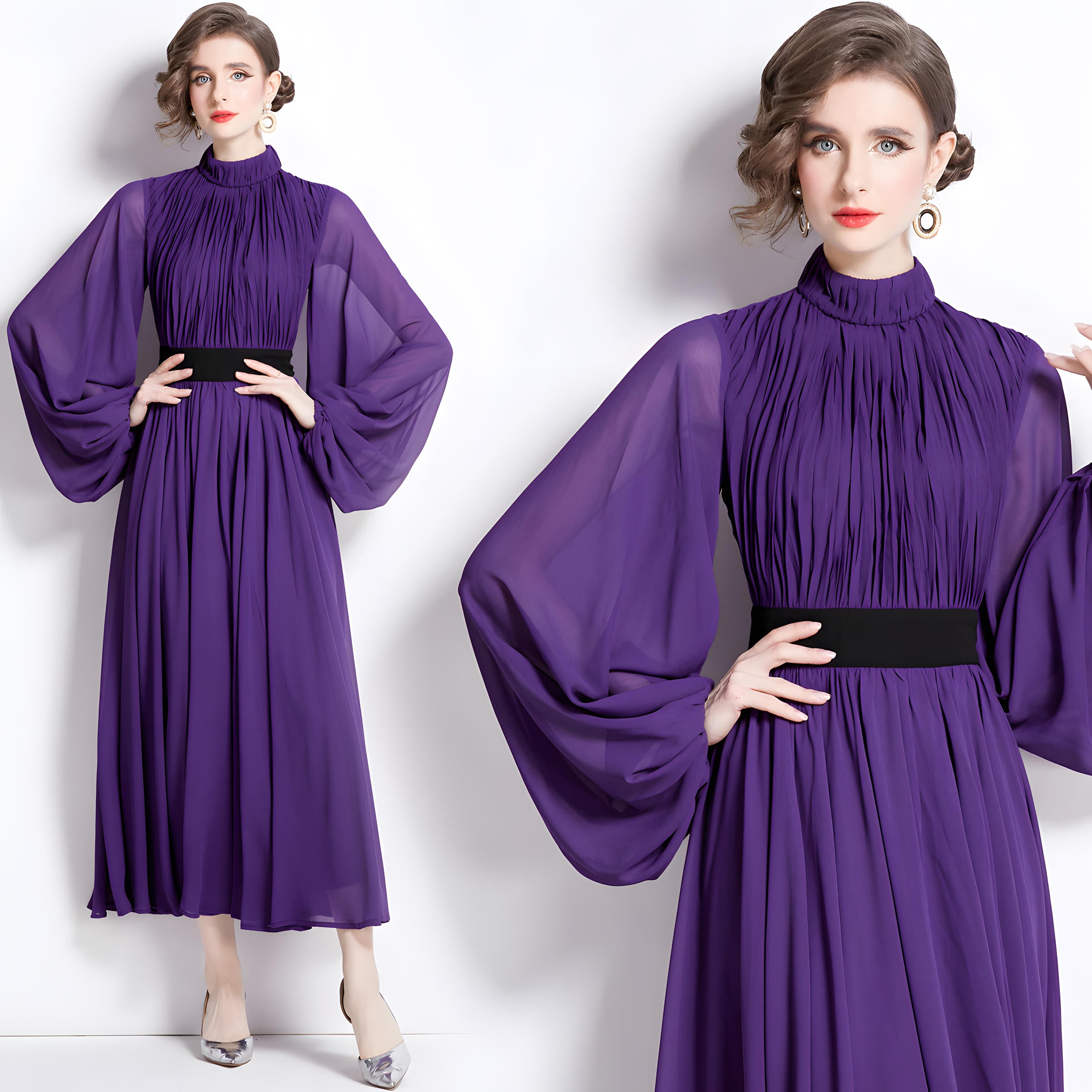 High Neckline Voluminous Peasant Sleeves Purple Chiffon Long Dress With Flowing Skirt - 752171614172_BAS (EOSS)