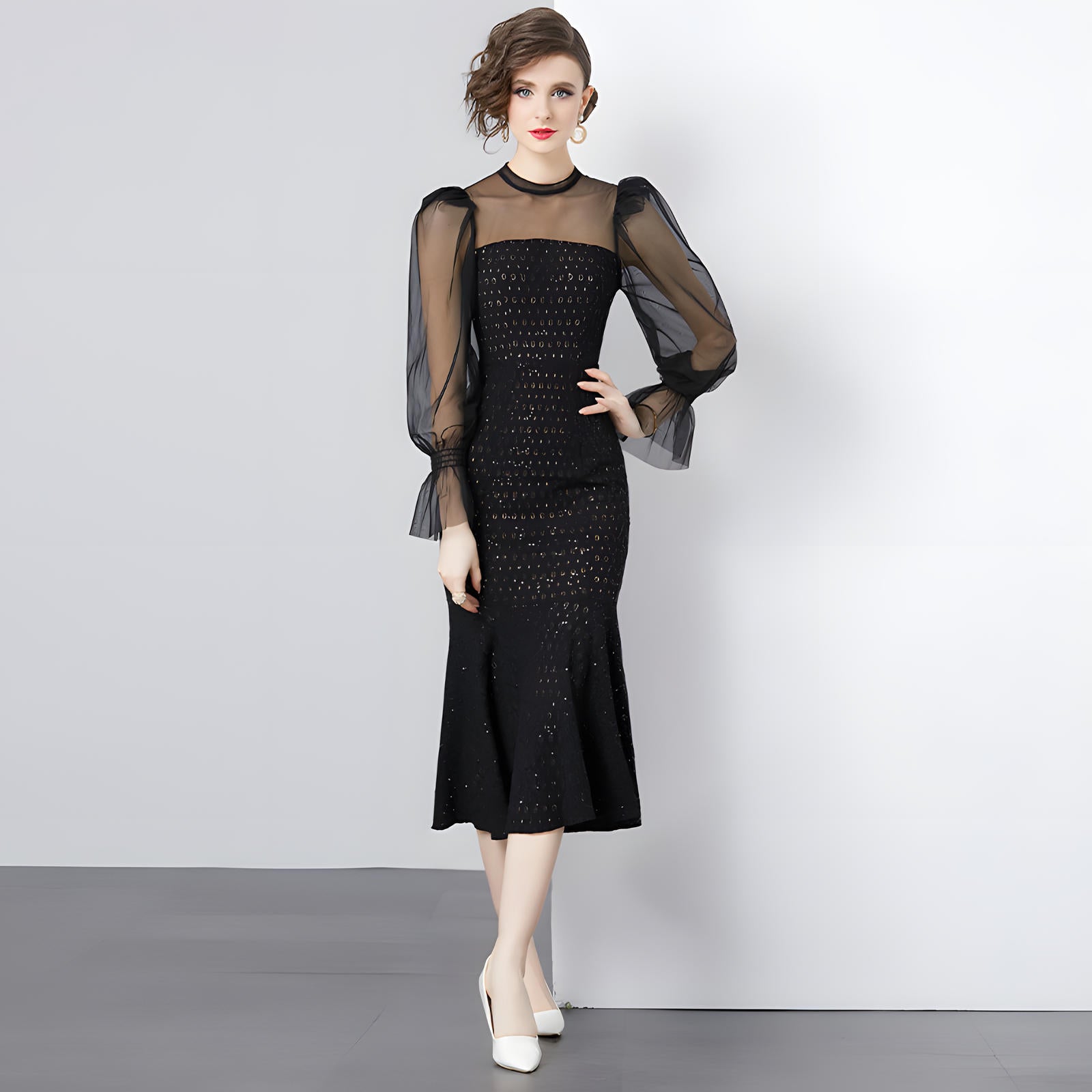 Body-Fit Black Fish Tail Dress with Sheer Mesh Shoulders and Sleeves - 775301992220_BAS