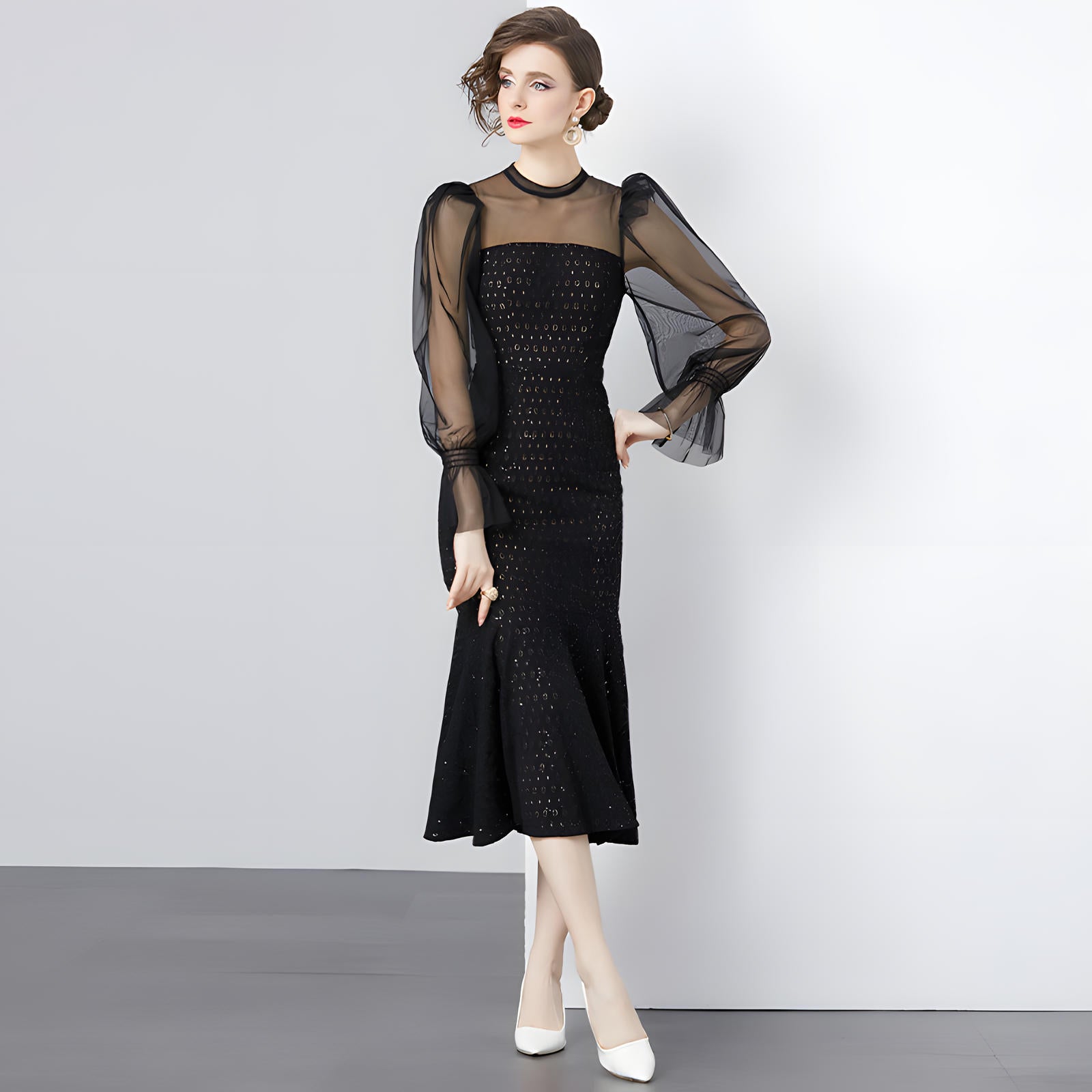 Body-Fit Black Fish Tail Dress with Sheer Mesh Shoulders and Sleeves - 775301992220_BAS