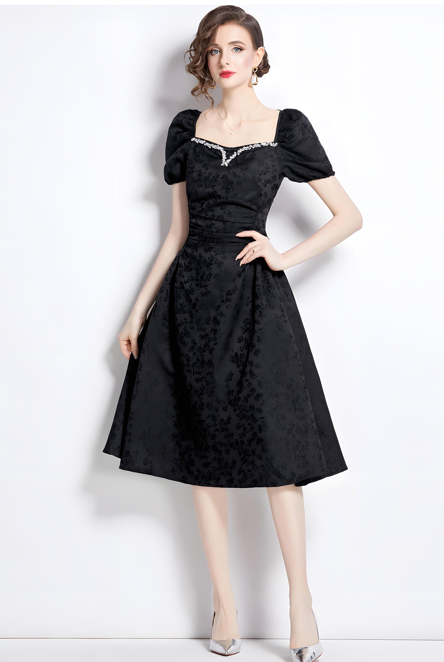 Black Jacquard Dress with Sweetheart Jewel Embellished Neckline Ruched Waistline and Puffed Sleeves - 787361993716_BAS
