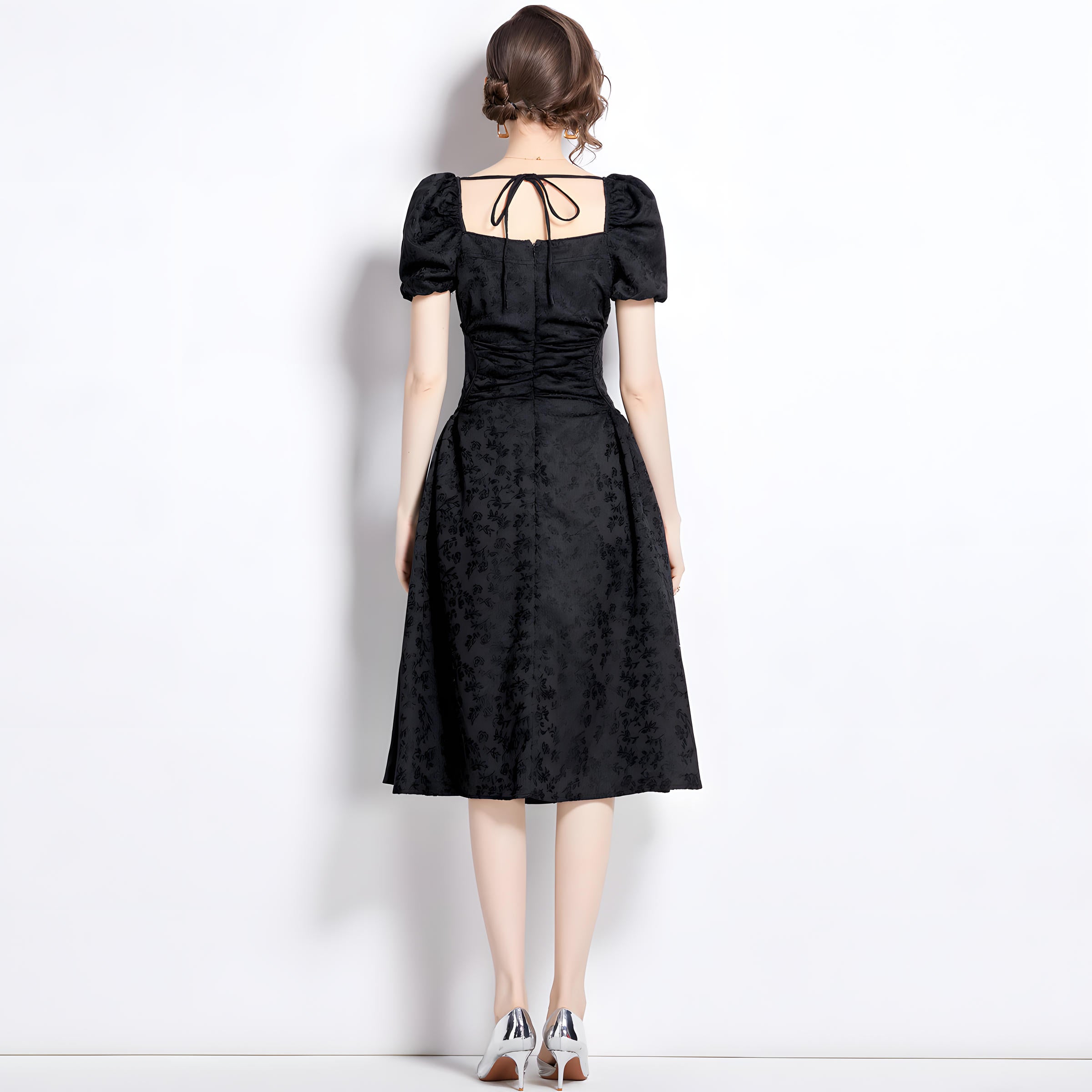 Black Jacquard Dress with Sweetheart Jewel Embellished Neckline Ruched Waistline and Puffed Sleeves - 787361993716_BAS