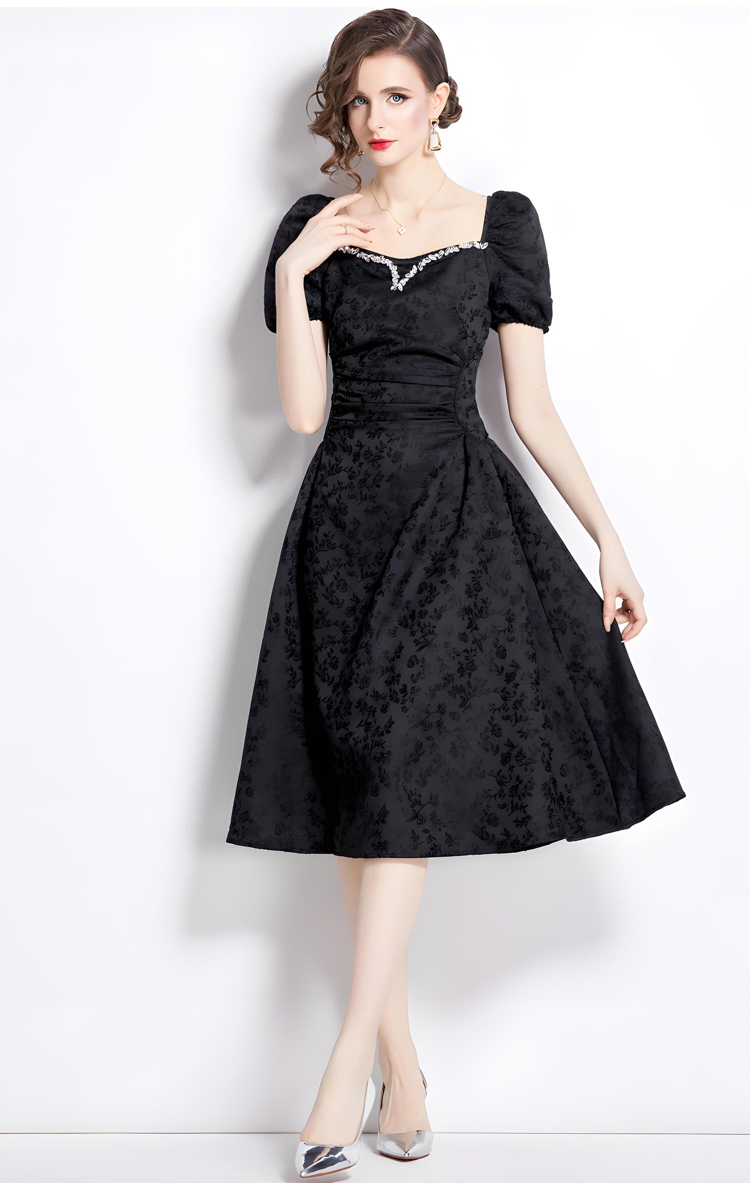 Black Jacquard Dress with Sweetheart Jewel Embellished Neckline Ruched Waistline and Puffed Sleeves - 787361993716_BAS