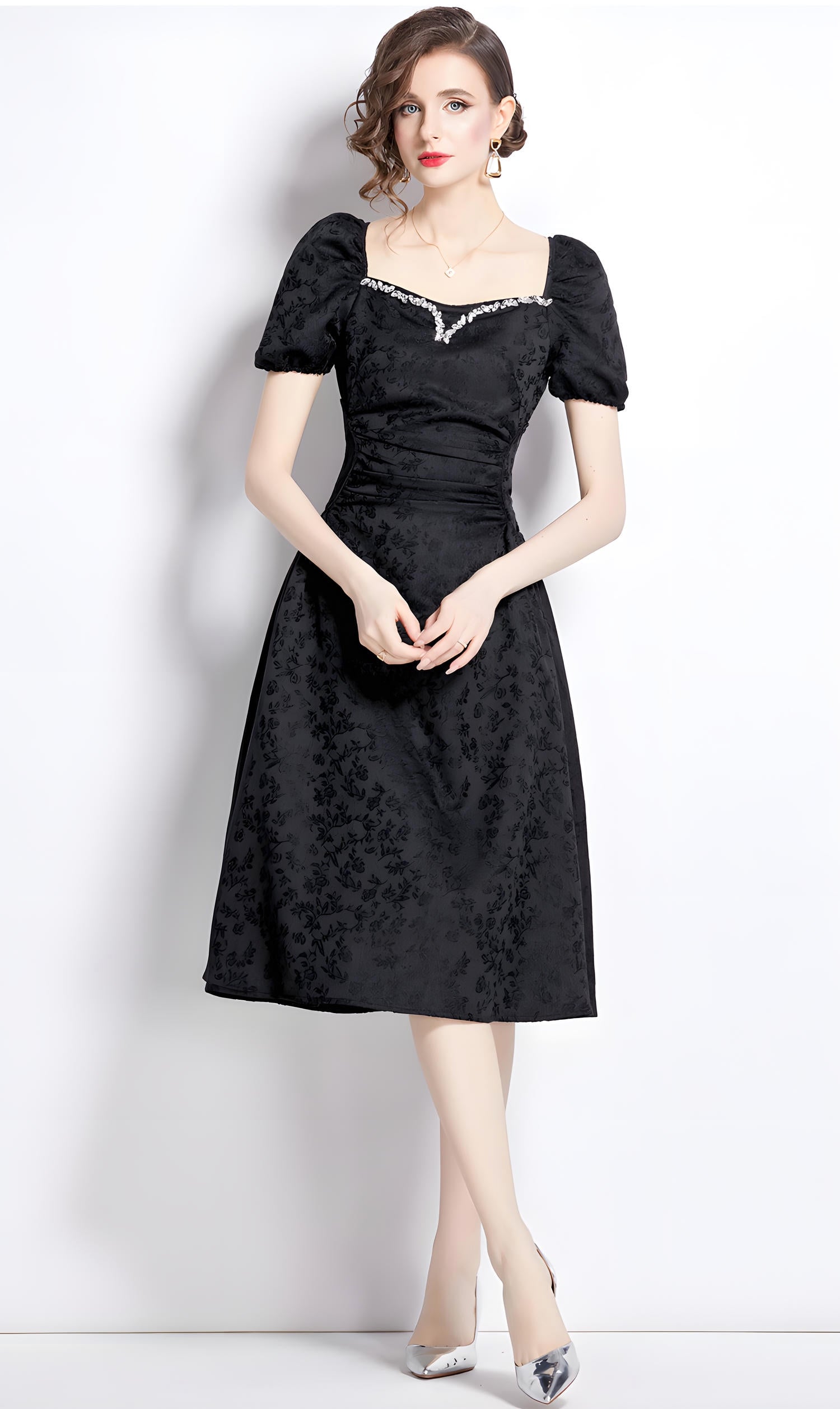 Black Jacquard Dress with Sweetheart Jewel Embellished Neckline Ruched Waistline and Puffed Sleeves - 787361993716_BAS