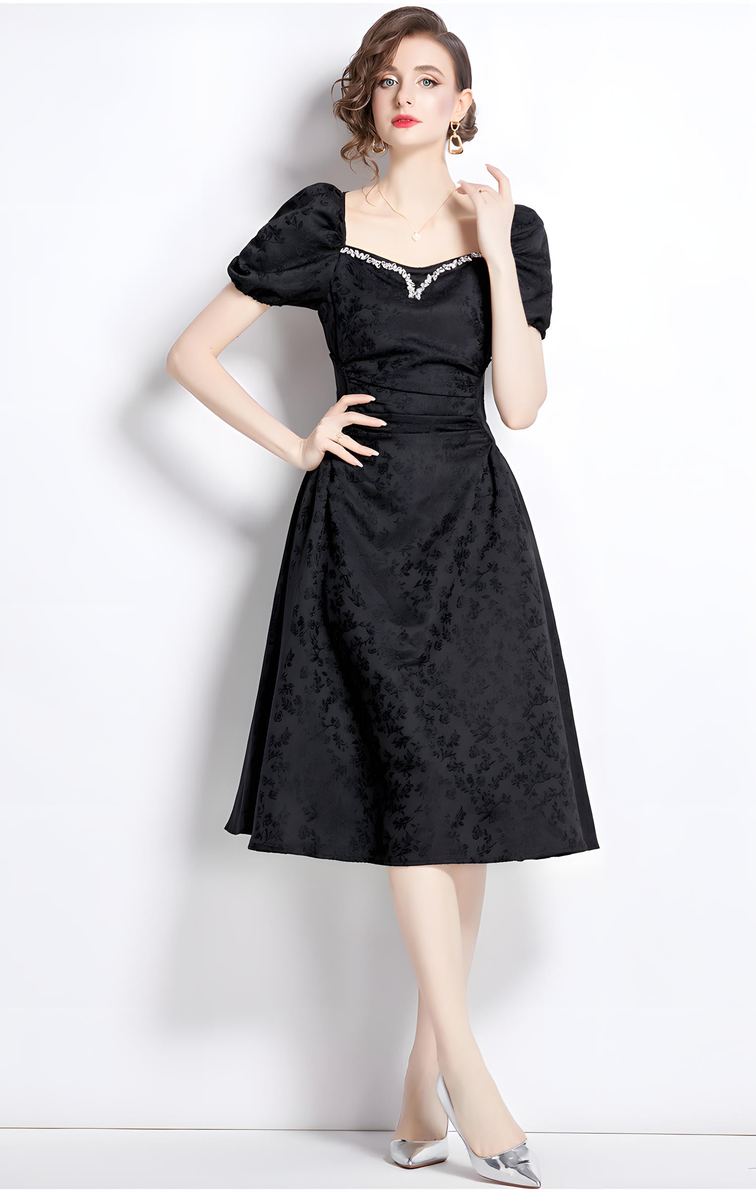 Black Jacquard Dress with Sweetheart Jewel Embellished Neckline Ruched Waistline and Puffed Sleeves - 787361993716_BAS