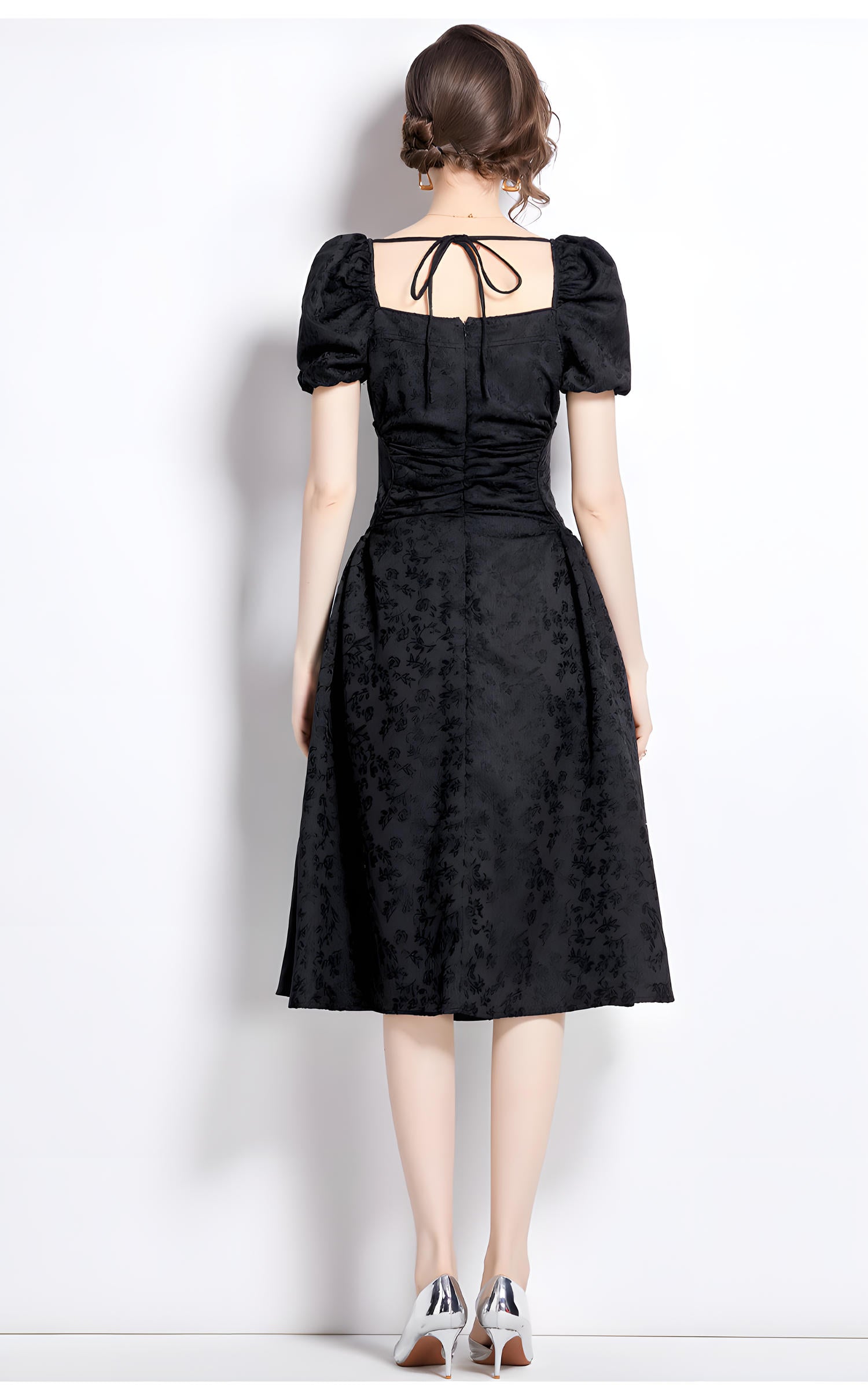 Black Jacquard Dress with Sweetheart Jewel Embellished Neckline Ruched Waistline and Puffed Sleeves - 787361993716_BAS