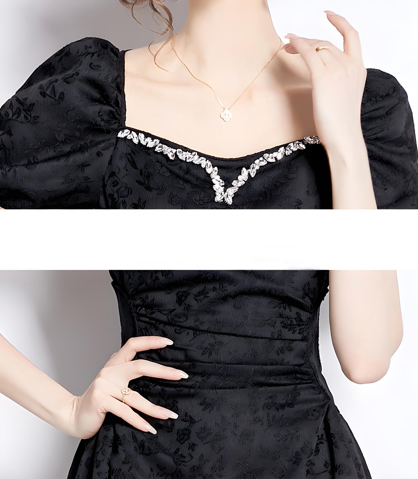 Black Jacquard Dress with Sweetheart Jewel Embellished Neckline Ruched Waistline and Puffed Sleeves - 787361993716_BAS