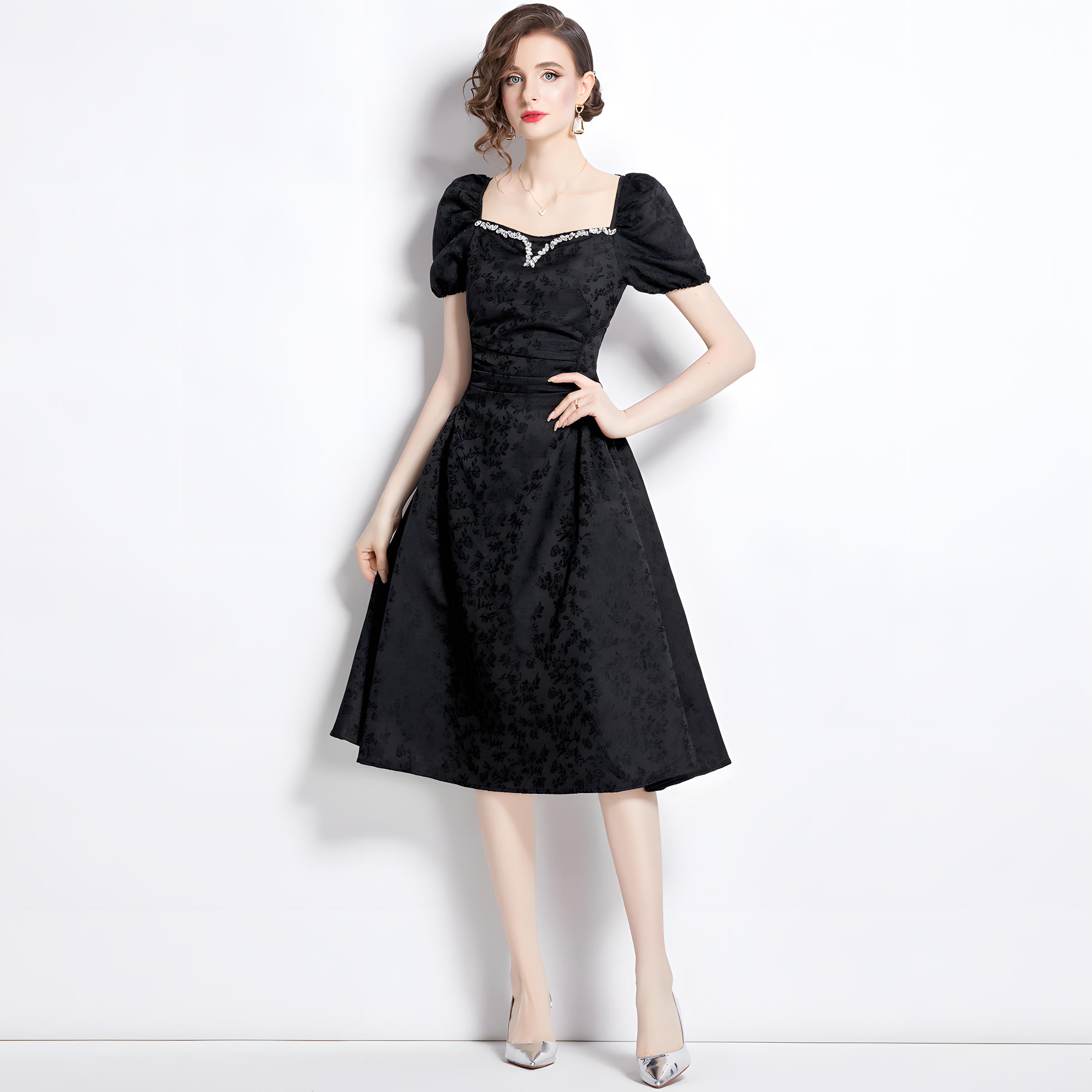 Black Jacquard Dress with Sweetheart Jewel Embellished Neckline Ruched Waistline and Puffed Sleeves - 787361993716_BAS