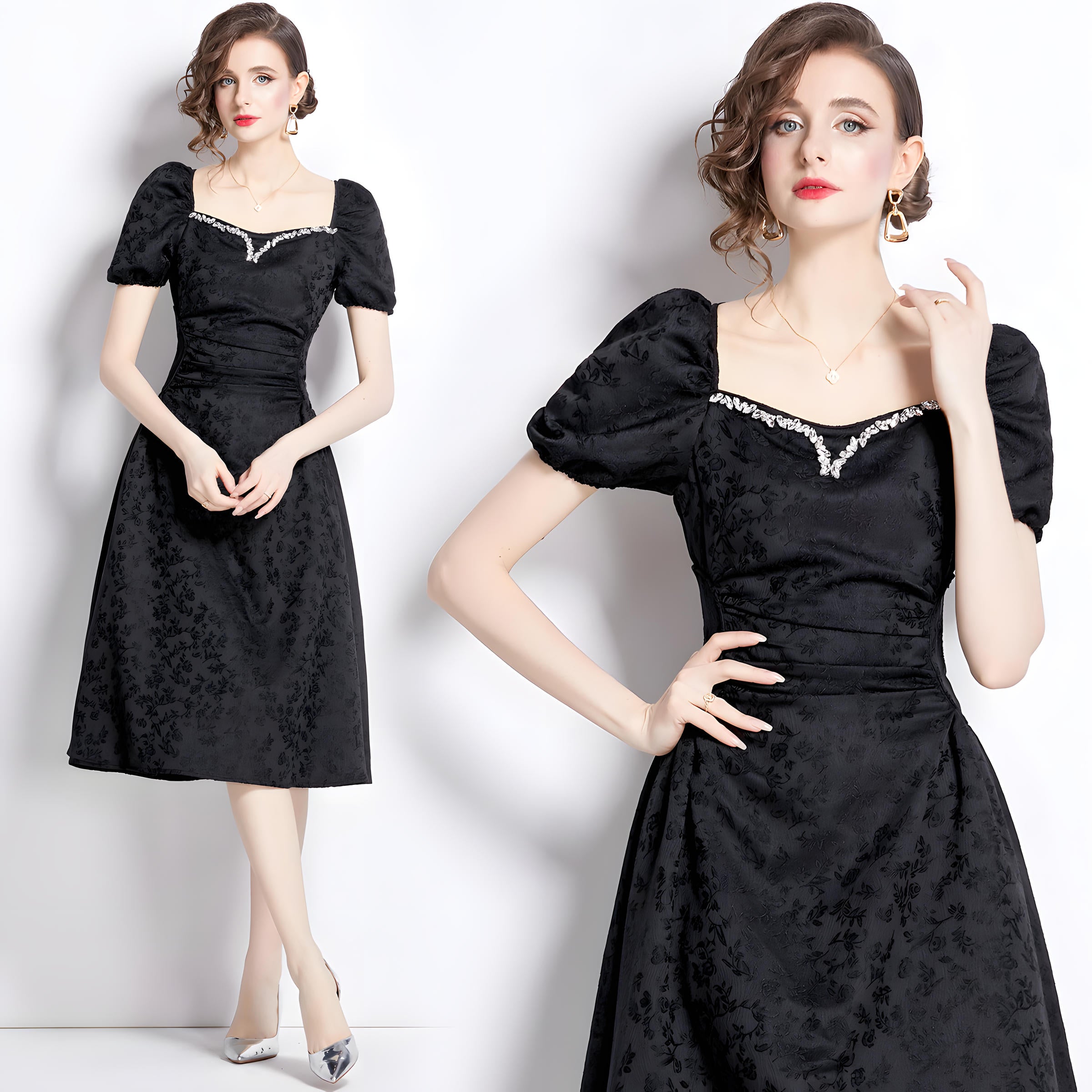 Black Jacquard Dress with Sweetheart Jewel Embellished Neckline Ruched Waistline and Puffed Sleeves - 787361993716_BAS