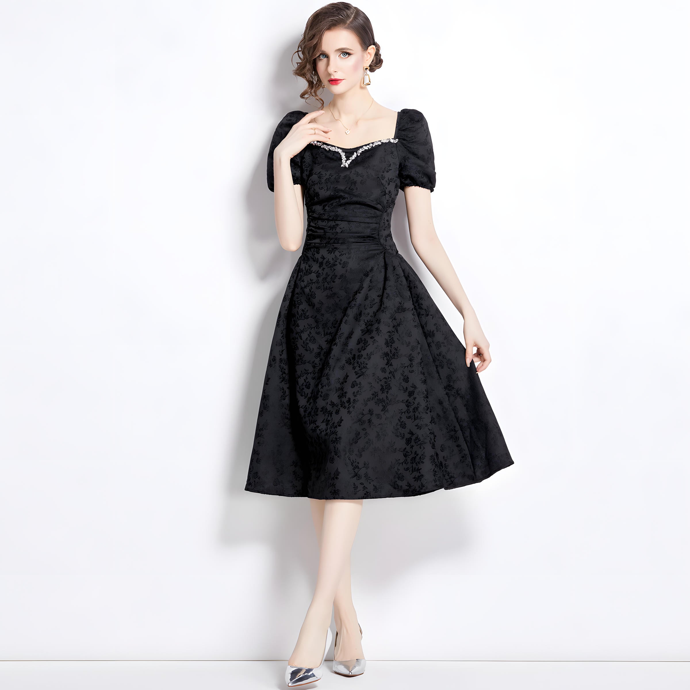 Black Jacquard Dress with Sweetheart Jewel Embellished Neckline Ruched Waistline and Puffed Sleeves - 787361993716_BAS