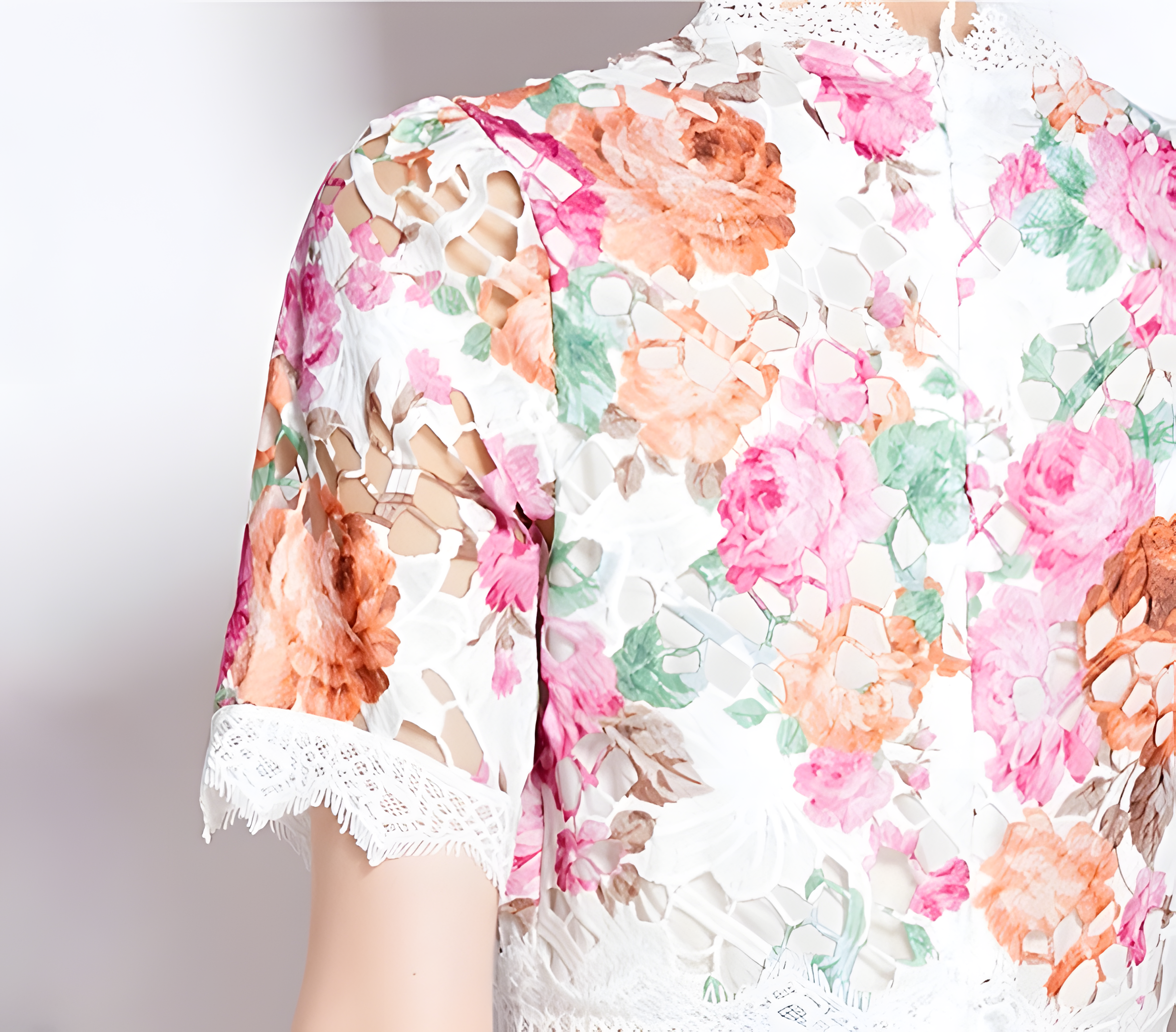 French Printed Flower Lace Jewel Neckline Retro Dress - 795048659025_BAS