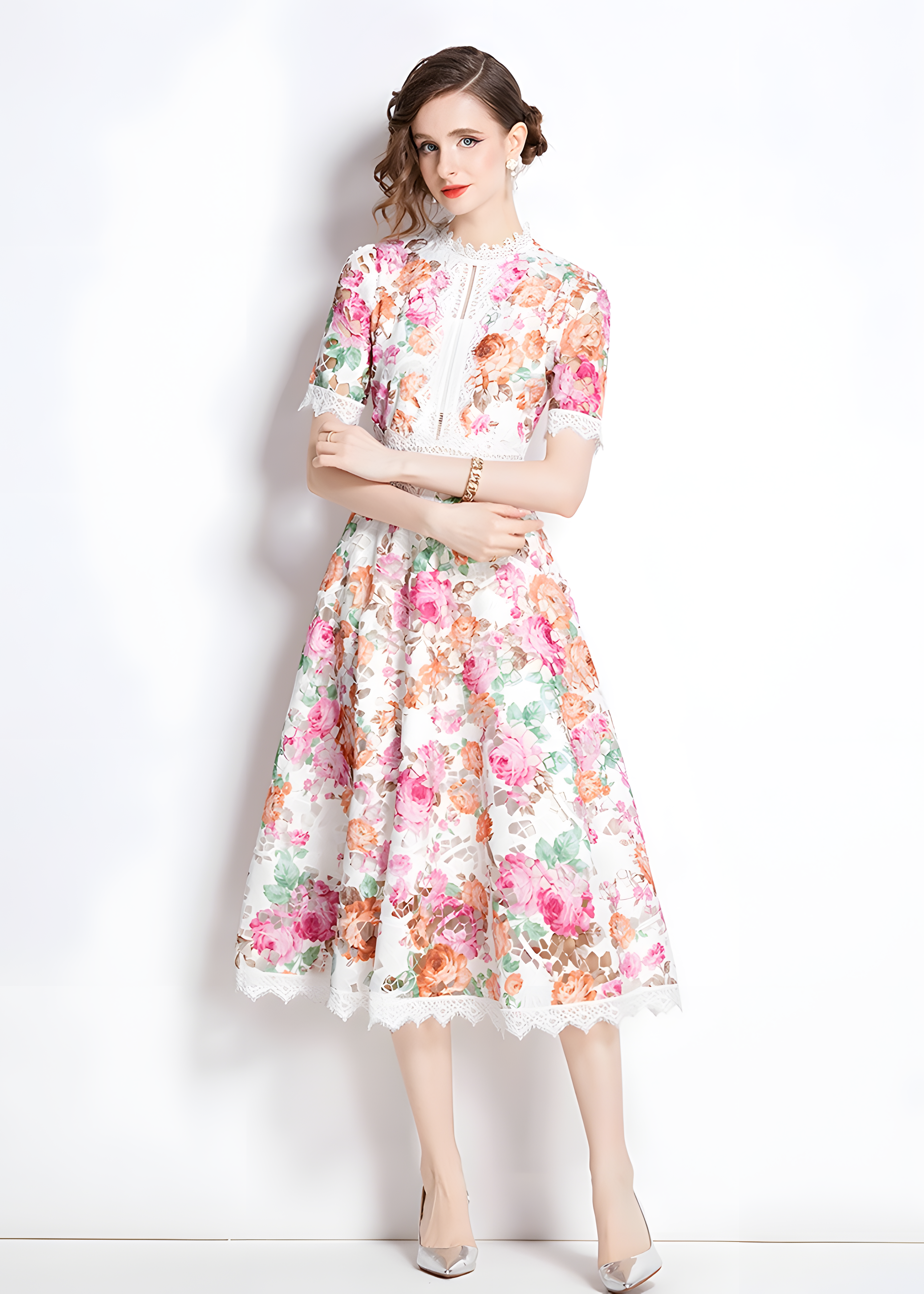 French Printed Flower Lace Jewel Neckline Retro Dress - 795048659025_BAS