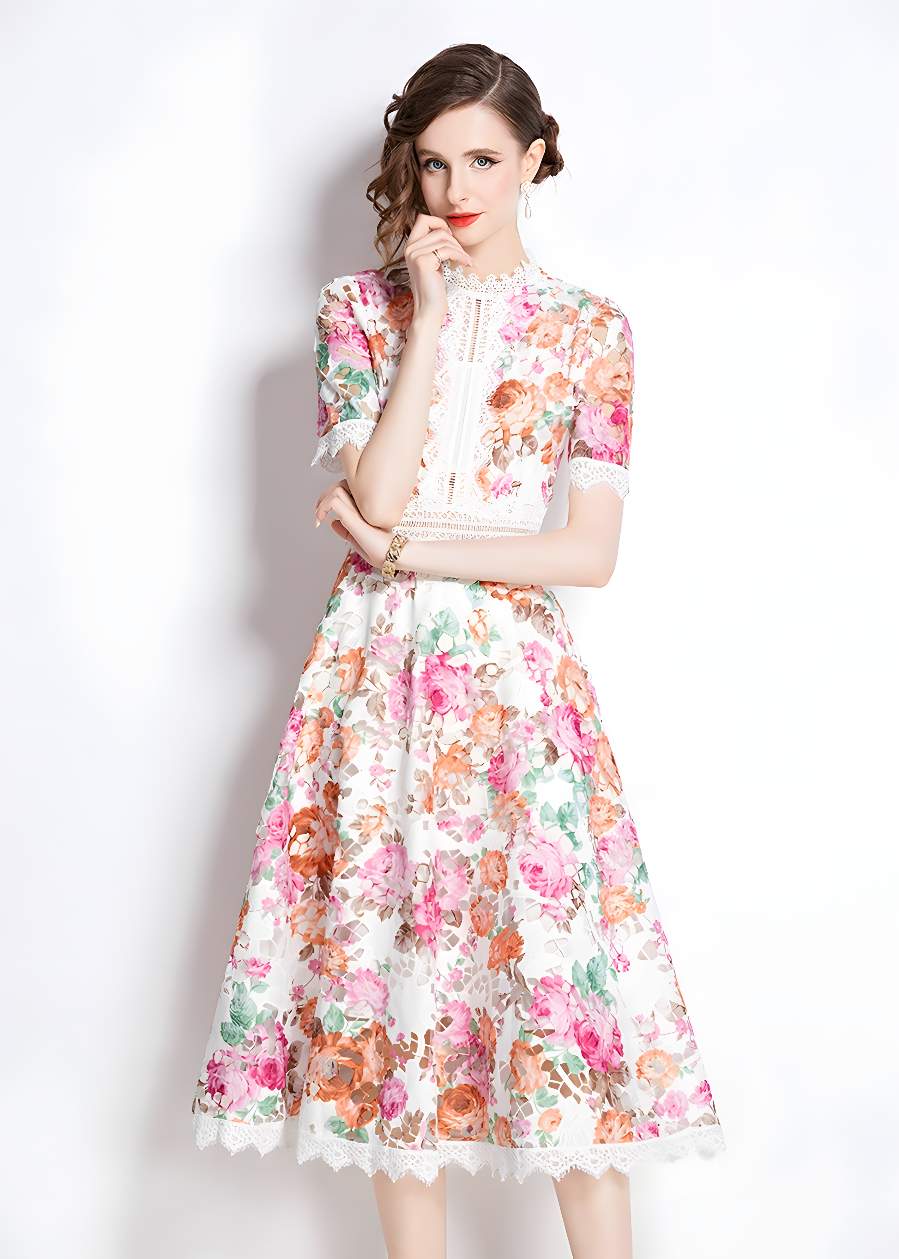 French Printed Flower Lace Jewel Neckline Retro Dress - 795048659025_BAS