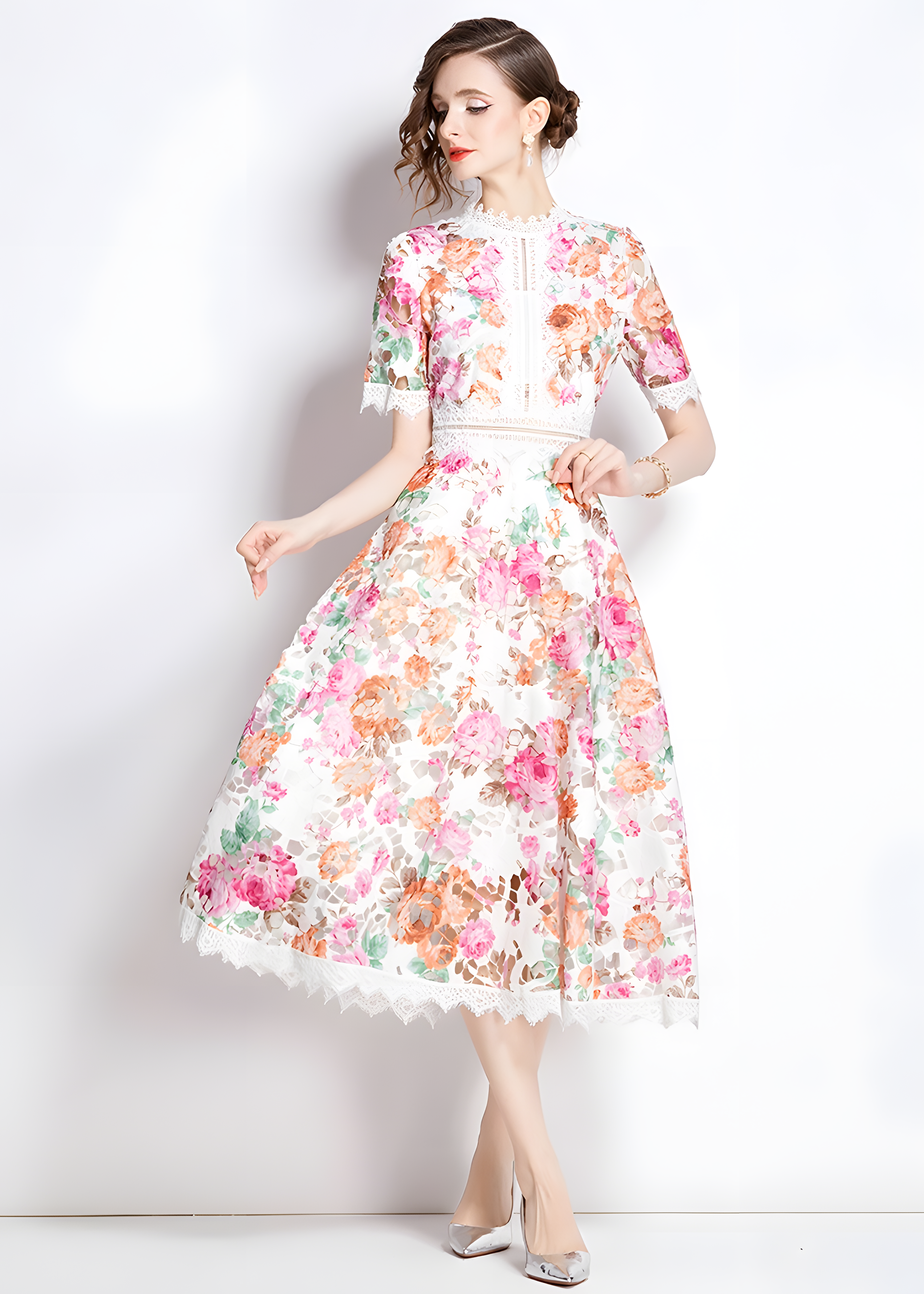 French Printed Flower Lace Jewel Neckline Retro Dress - 795048659025_BAS