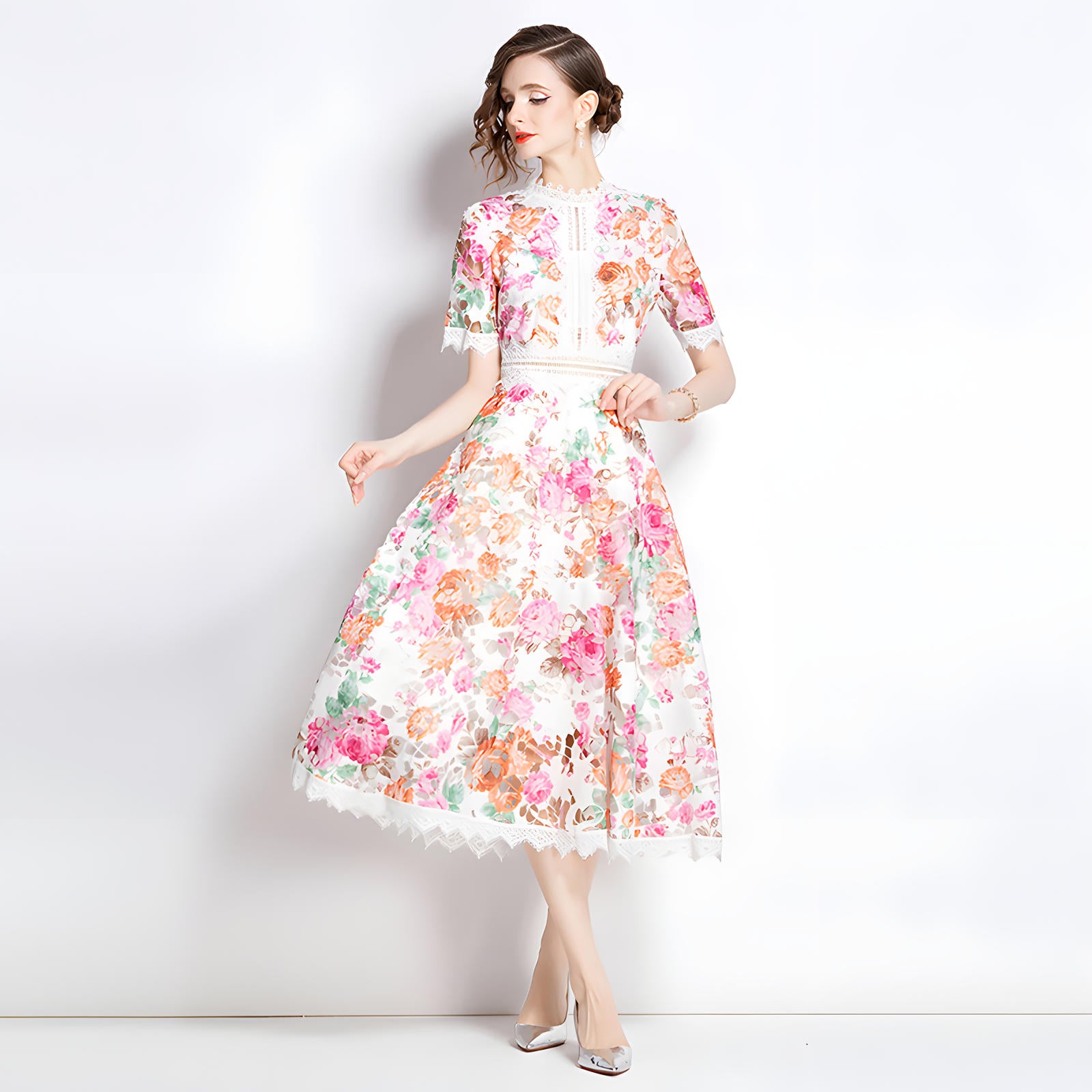 French Printed Flower Lace Jewel Neckline Retro Dress - 795048659025_BAS