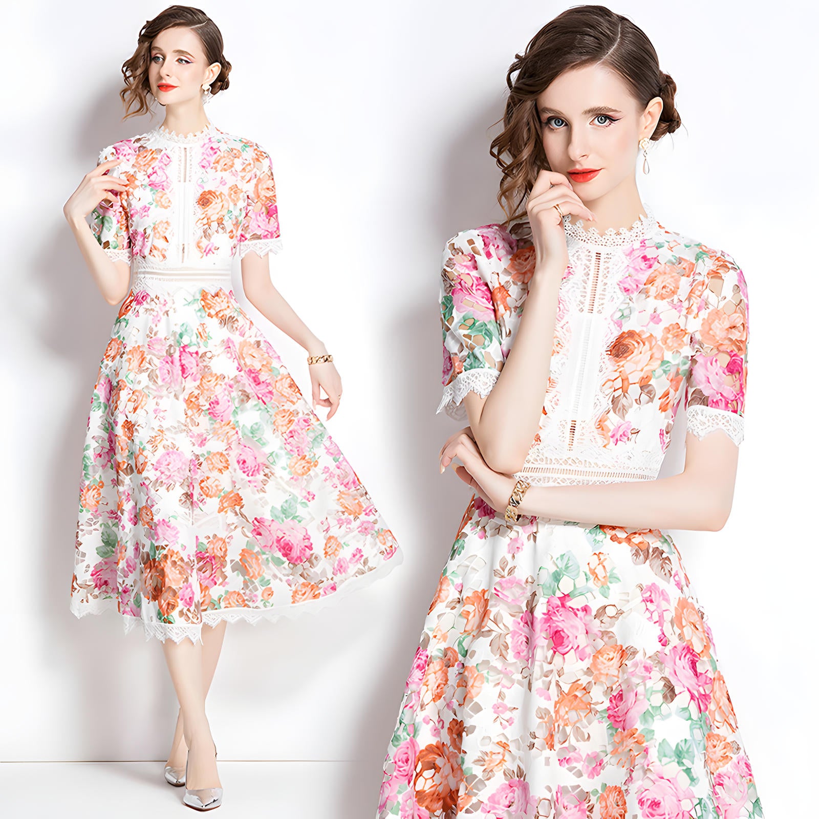 French Printed Flower Lace Jewel Neckline Retro Dress - 795048659025_BAS