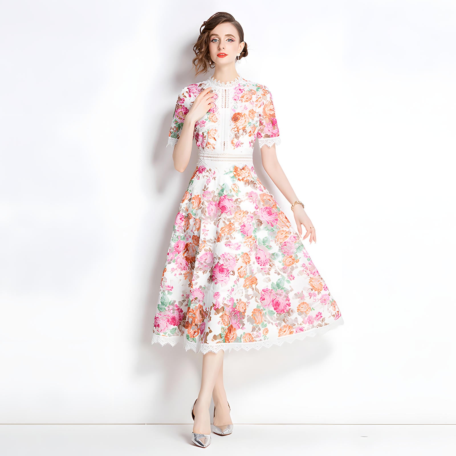 French Printed Flower Lace Jewel Neckline Retro Dress - 795048659025_BAS