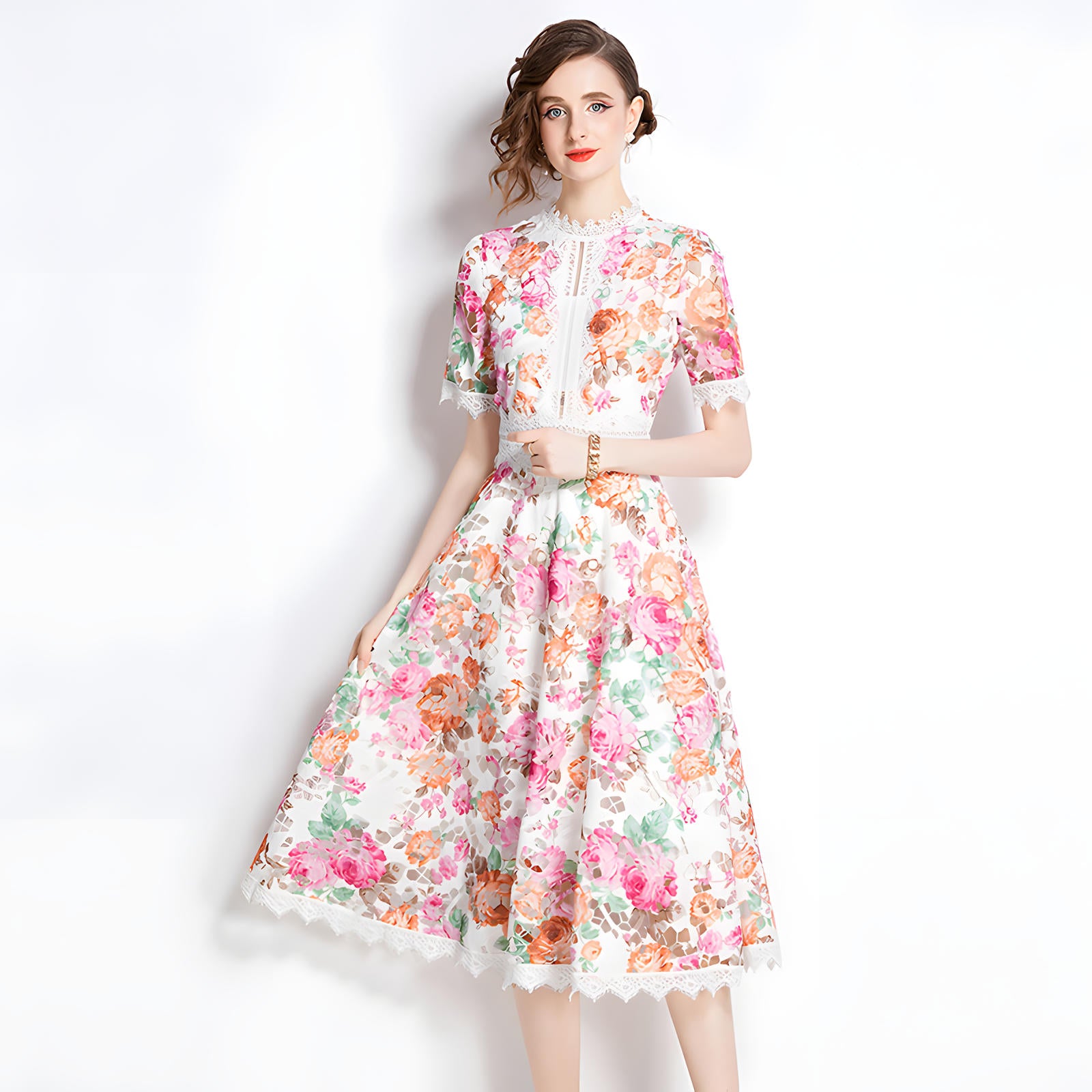 French Printed Flower Lace Jewel Neckline Retro Dress - 795048659025_BAS