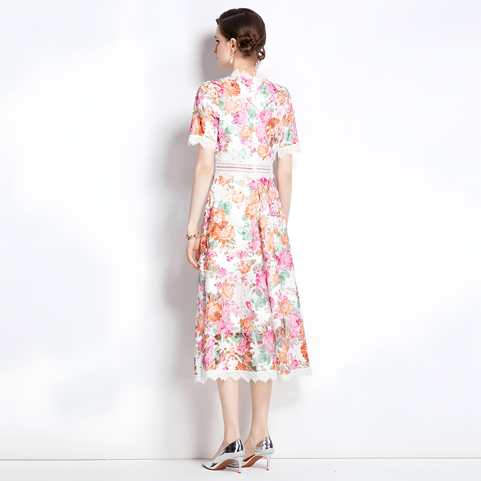 French Printed Flower Lace Jewel Neckline Retro Dress - 795048659025_BAS