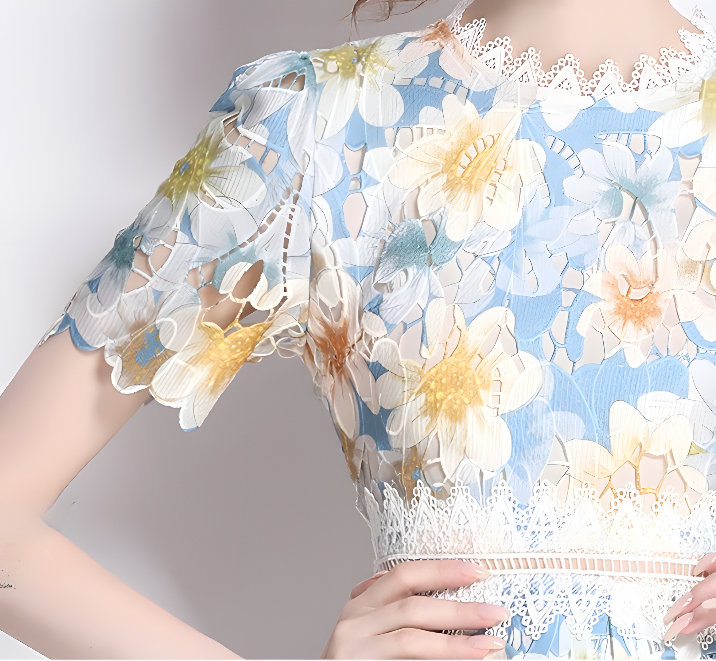 French Printed Flower Lace Jewel Neckline Retro Dress - 795053439134_BAS