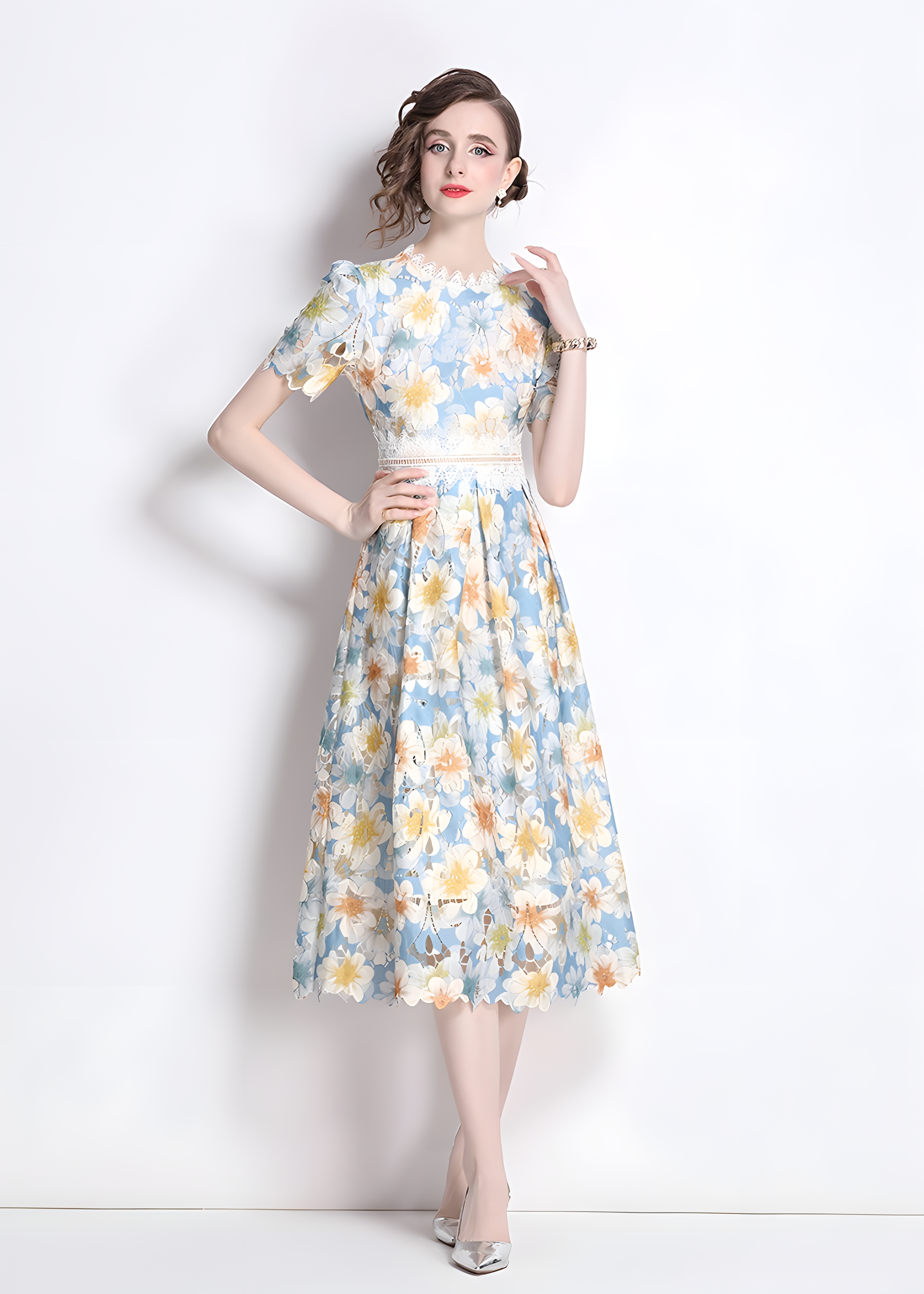 French Printed Flower Lace Jewel Neckline Retro Dress - 795053439134_BAS