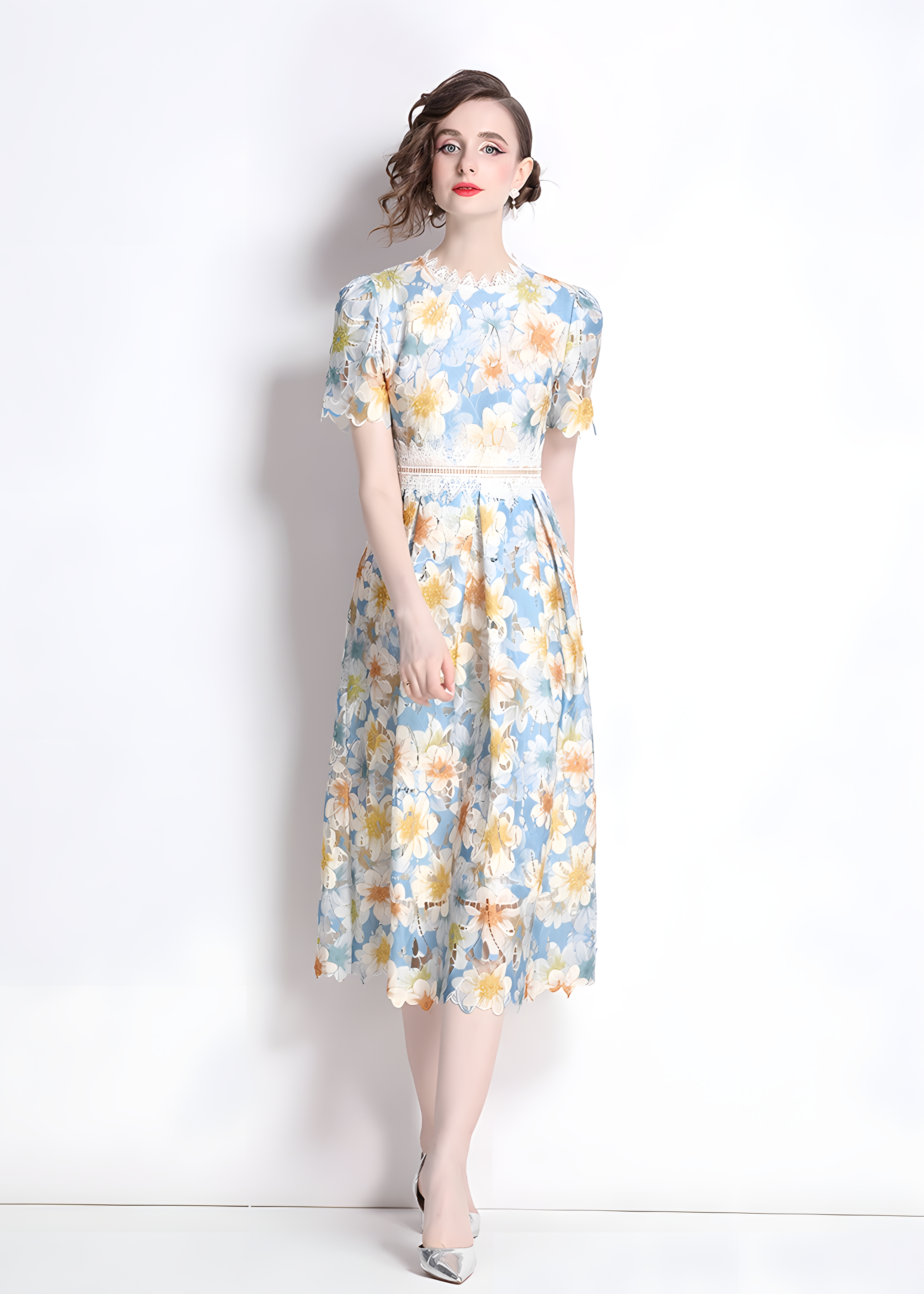 French Printed Flower Lace Jewel Neckline Retro Dress - 795053439134_BAS