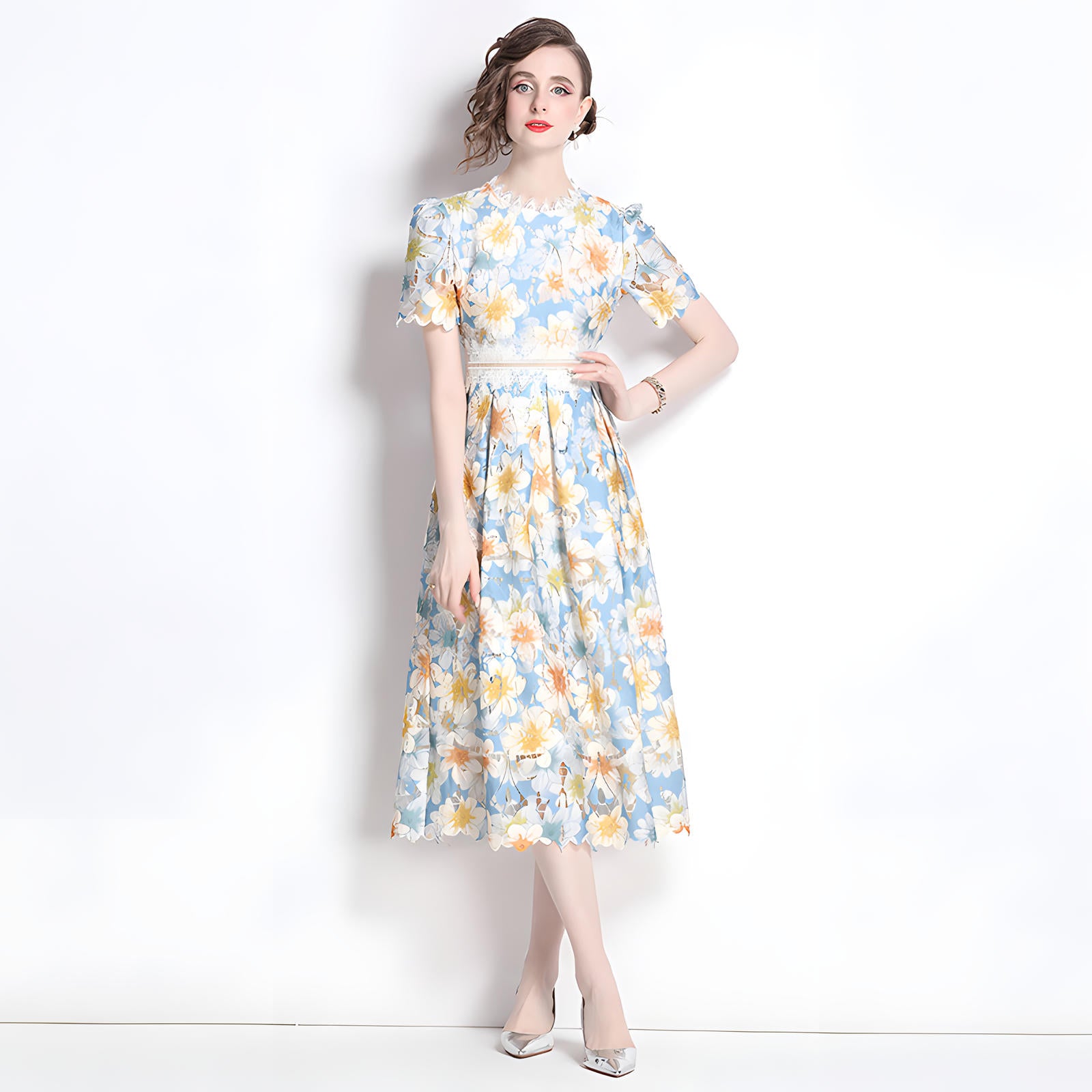 French Printed Flower Lace Jewel Neckline Retro Dress - 795053439134_BAS