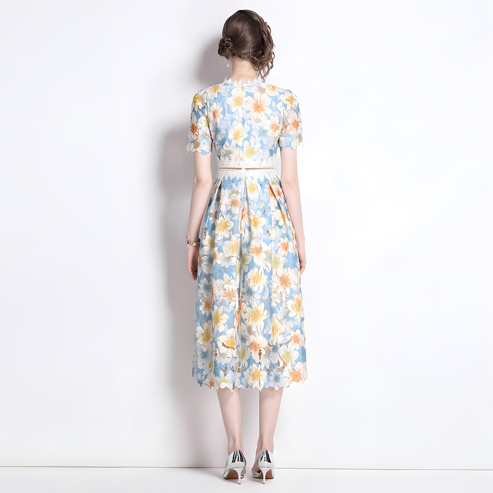 French Printed Flower Lace Jewel Neckline Retro Dress - 795053439134_BAS