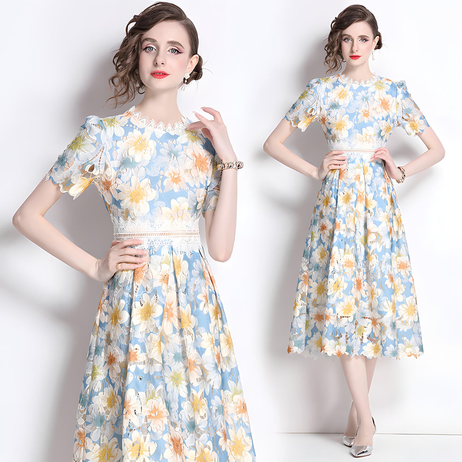 French Printed Flower Lace Jewel Neckline Retro Dress - 795053439134_BAS