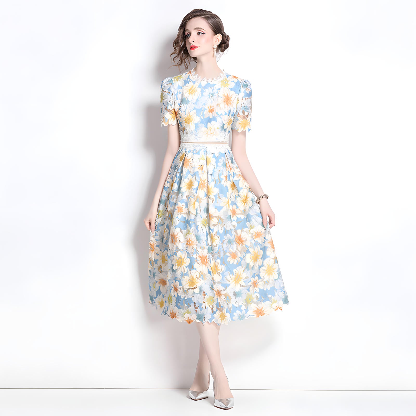 French Printed Flower Lace Jewel Neckline Retro Dress - 795053439134_BAS